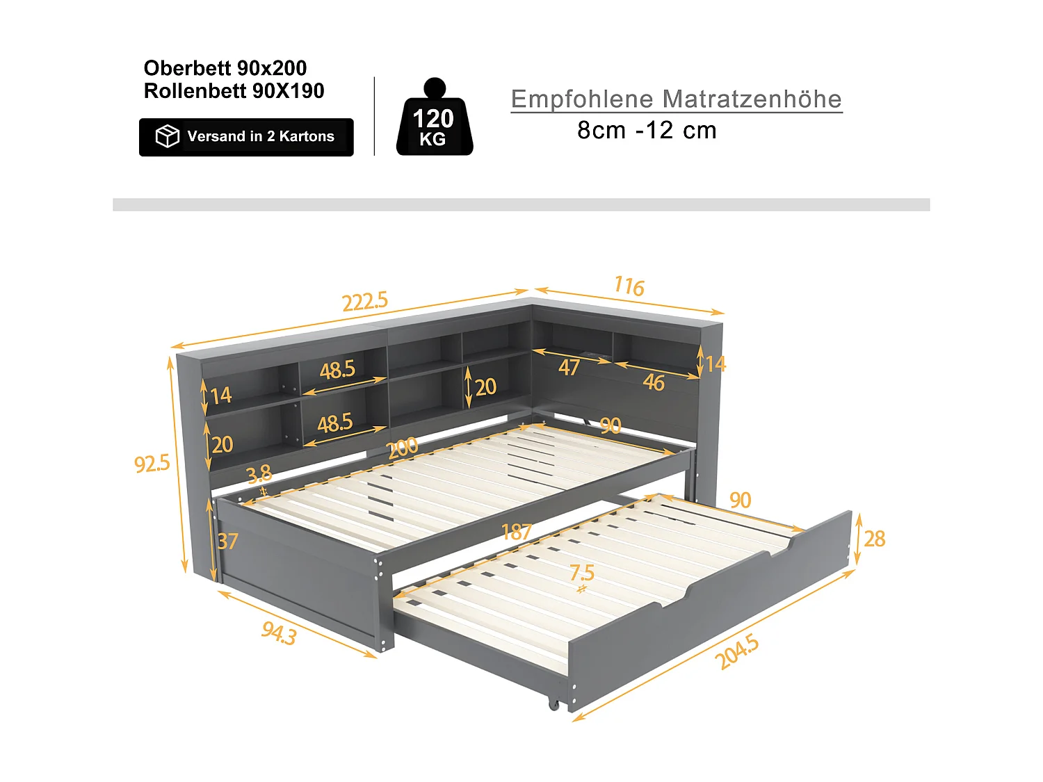 Canapé-lit 90x200, lit gigogne 90x190 avec port USB et étagères, lit multifonction en bois massif, gris