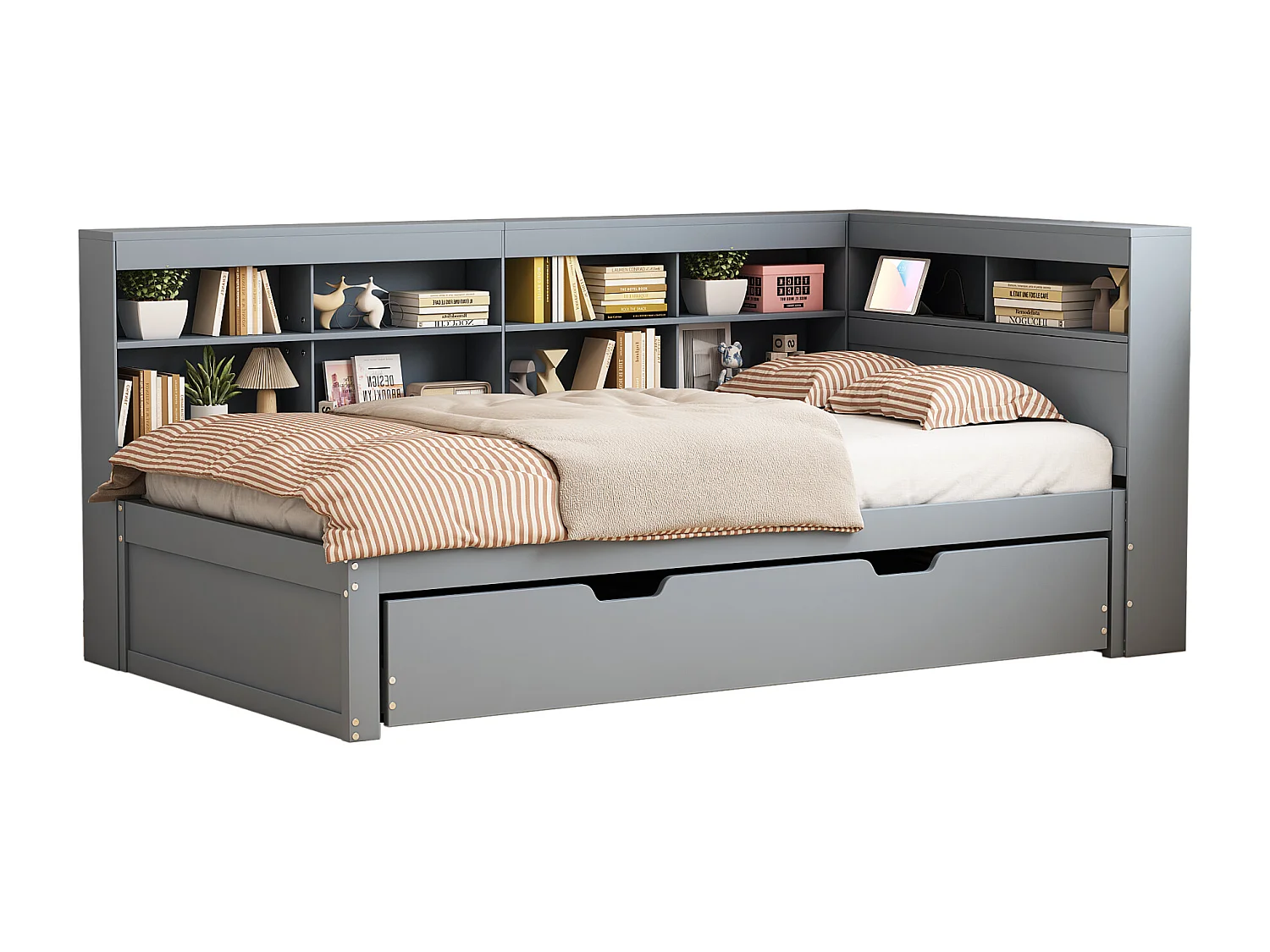 Canapé-lit 90x200, lit gigogne 90x190 avec port USB et étagères, lit multifonction en bois massif, gris