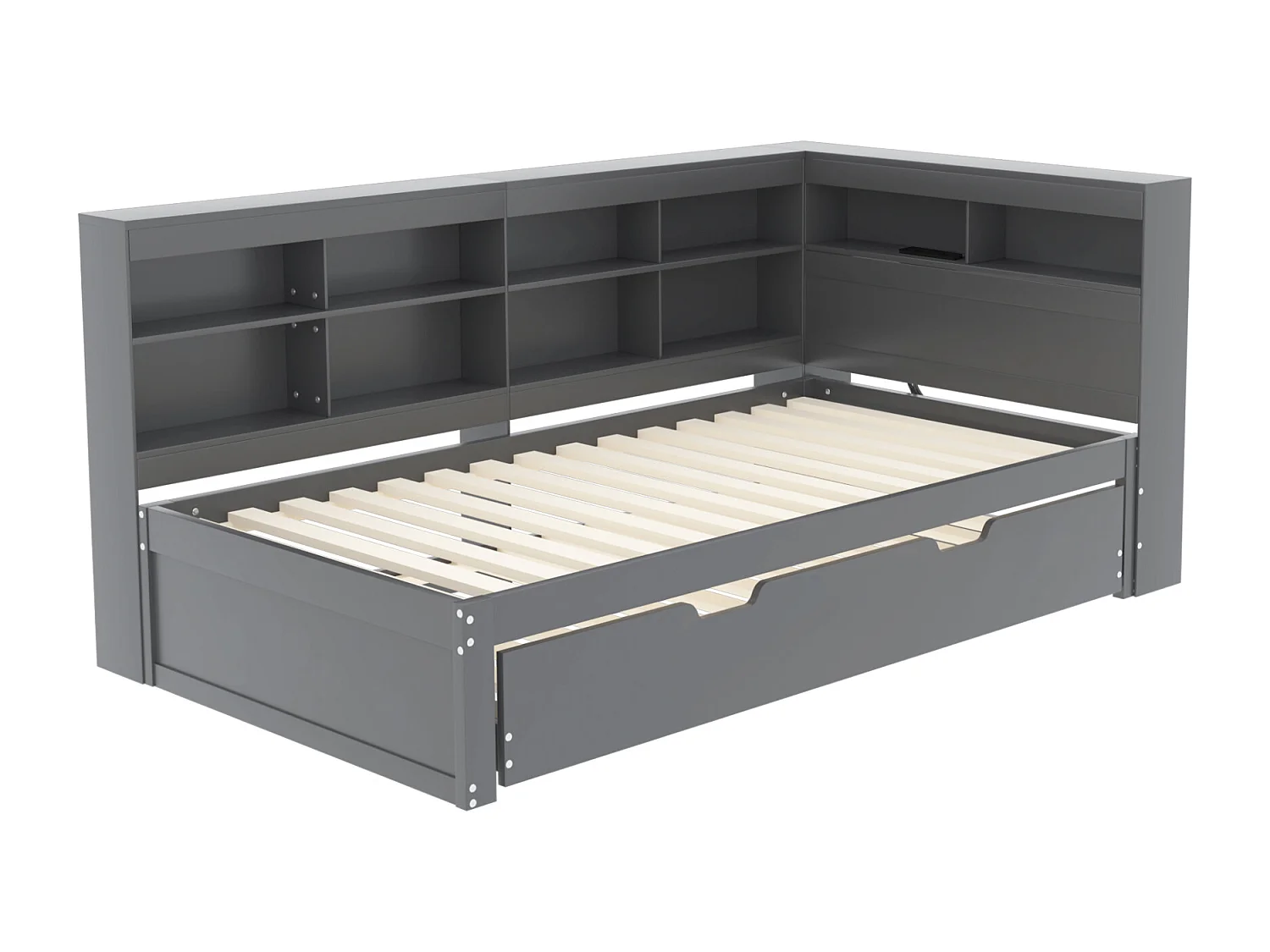 Canapé-lit 90x200, lit gigogne 90x190 avec port USB et étagères, lit multifonction en bois massif, gris