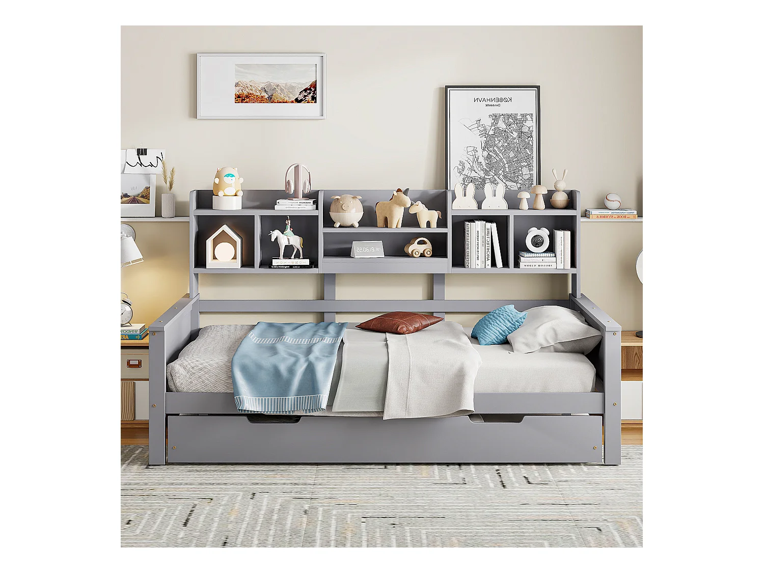 Canapé-lit extensible 90x200 en pin massif, lit gigogne 90x190 avec rangement et sommier, lit simple multifonction, gris