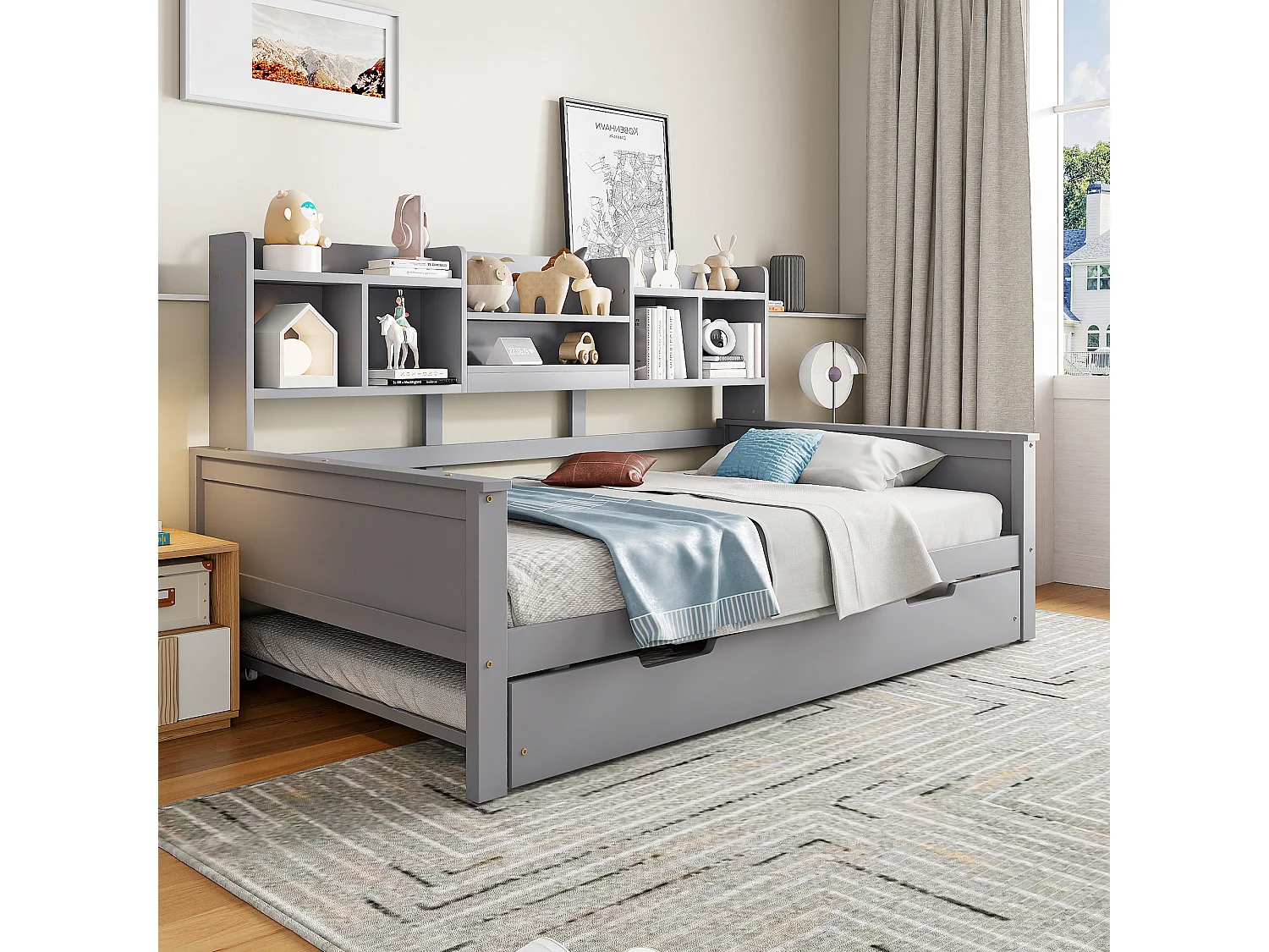 Canapé-lit extensible 90x200 en pin massif, lit gigogne 90x190 avec rangement et sommier, lit simple multifonction, gris