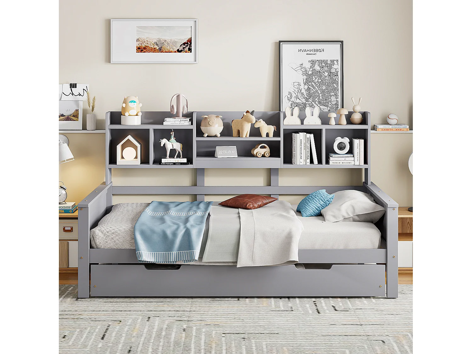 Canapé-lit extensible 90x200 en pin massif, lit gigogne 90x190 avec rangement et sommier, lit simple multifonction, gris