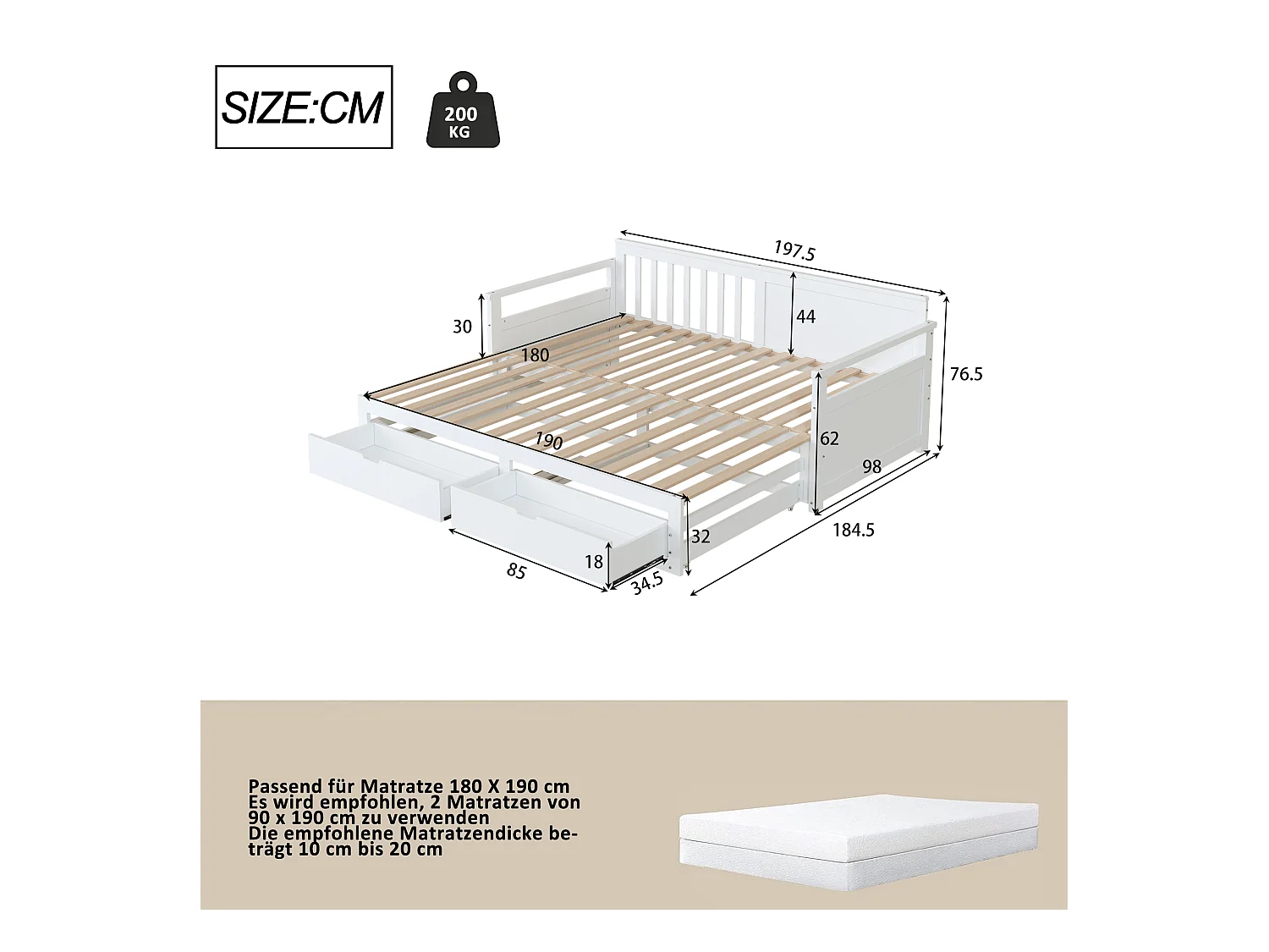 Lit banquette deux-en-un 90(180)x190 en pin, avec tiroirs et lit gigogne, lit multifonction, blanc