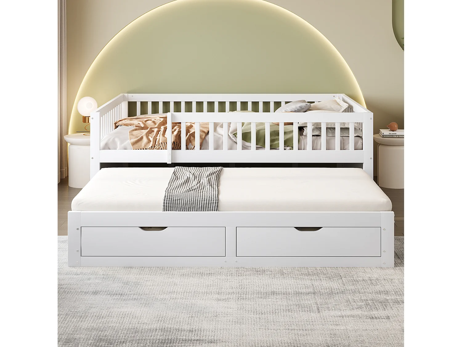 Canapé-lit en bois massif 140x200, barrière de sécurité, lit gigogne avec 2 tiroirs, sommier inclus, lit double, blanc