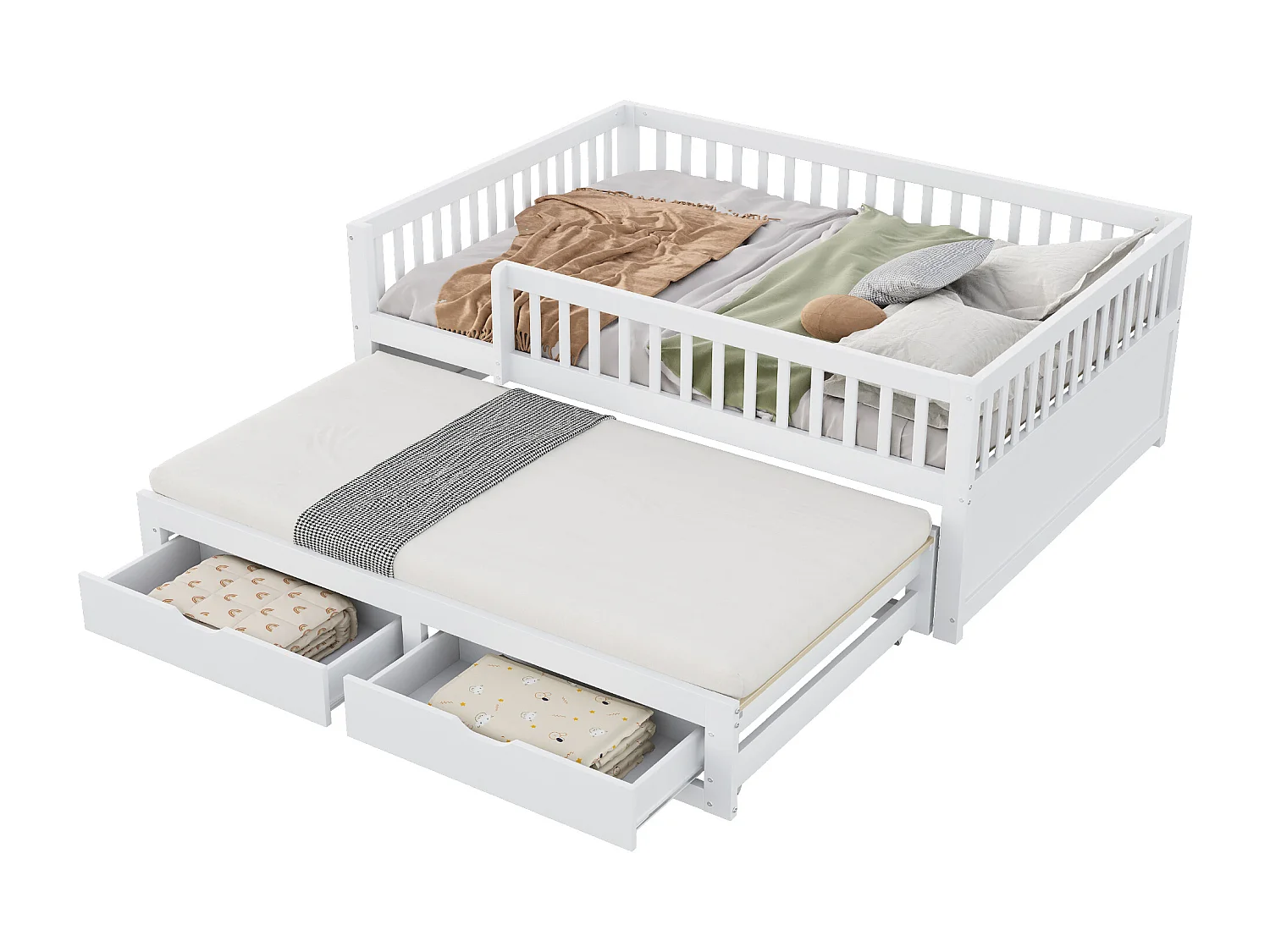 Canapé-lit en bois massif 140x200, barrière de sécurité, lit gigogne avec 2 tiroirs, sommier inclus, lit double, blanc