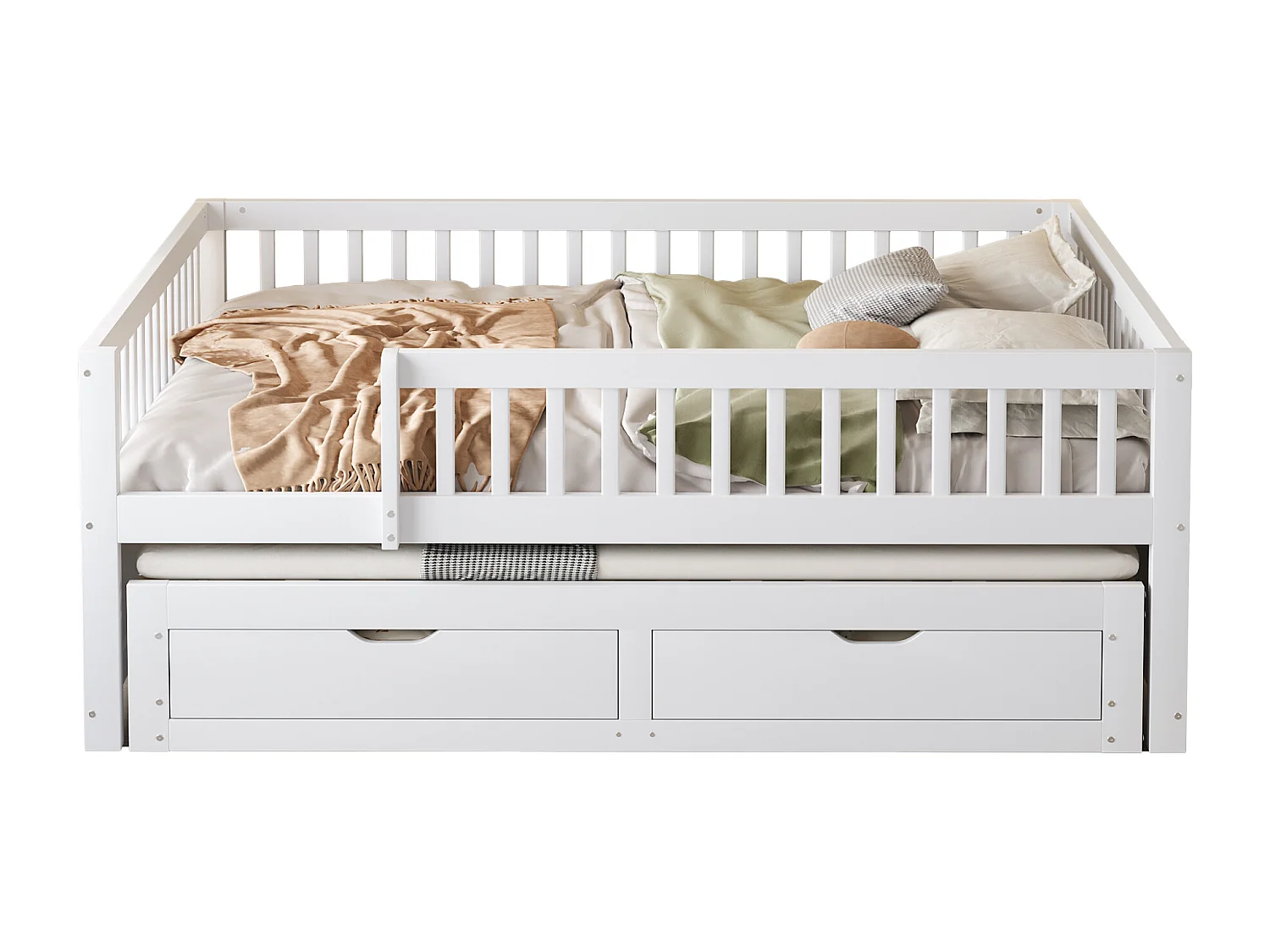 Canapé-lit en bois massif 140x200, barrière de sécurité, lit gigogne avec 2 tiroirs, sommier inclus, lit double, blanc