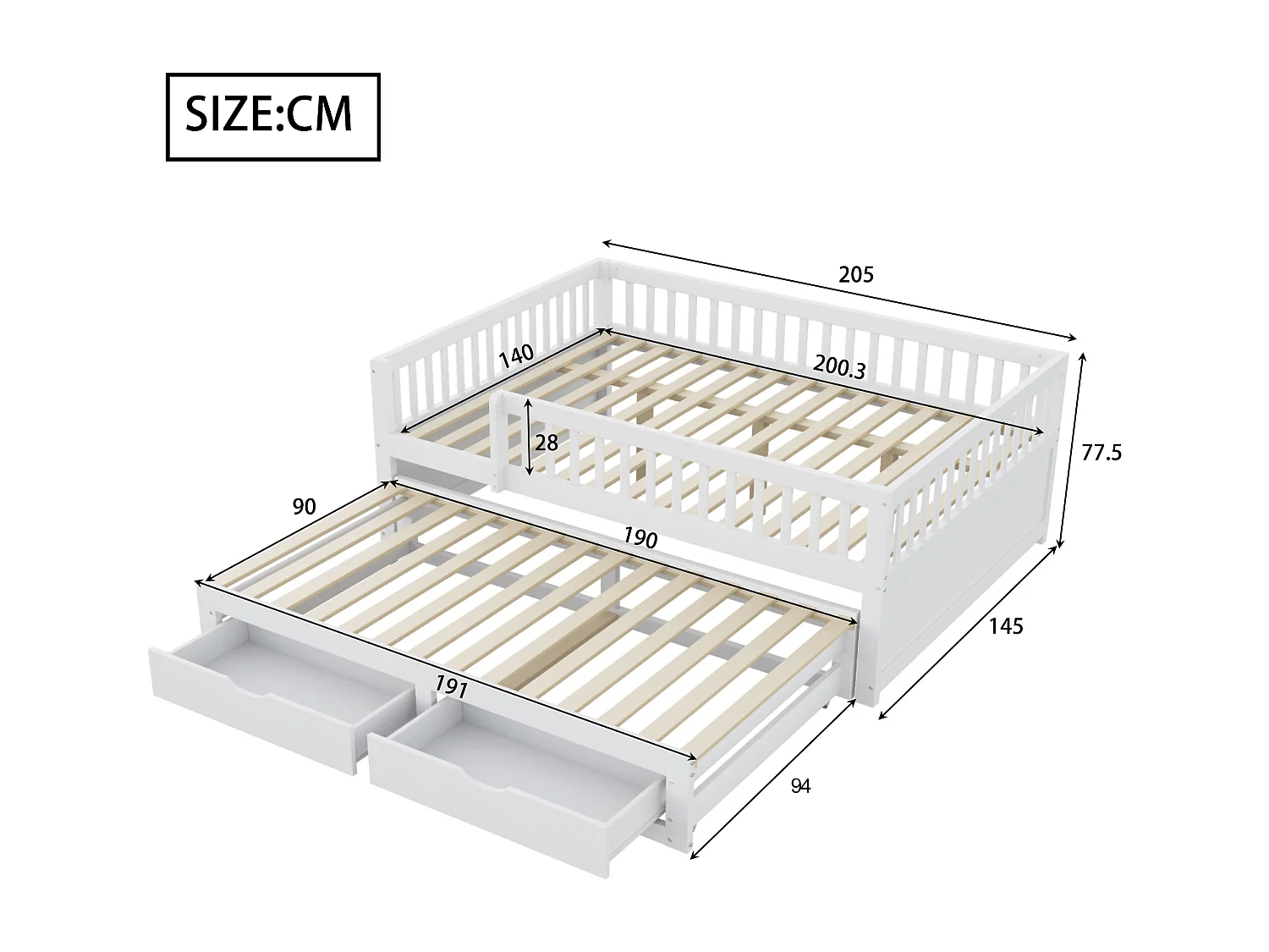Canapé-lit en bois massif 140x200, barrière de sécurité, lit gigogne avec 2 tiroirs, sommier inclus, lit double, blanc