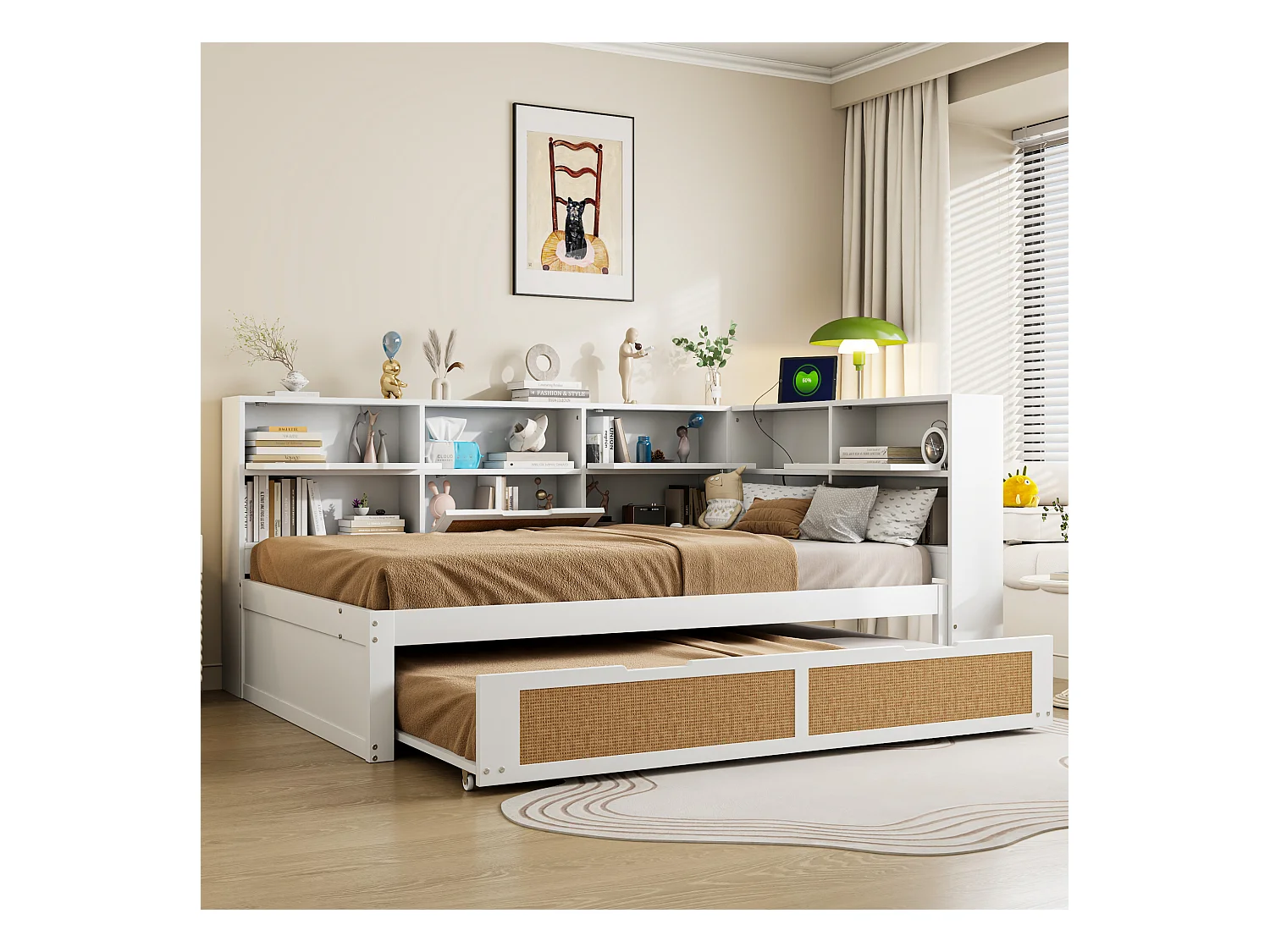 Canapé-lit en bois 140x200 avec lit gigogne, nombreux rangements, prise USB, lit double multifonction, blanc