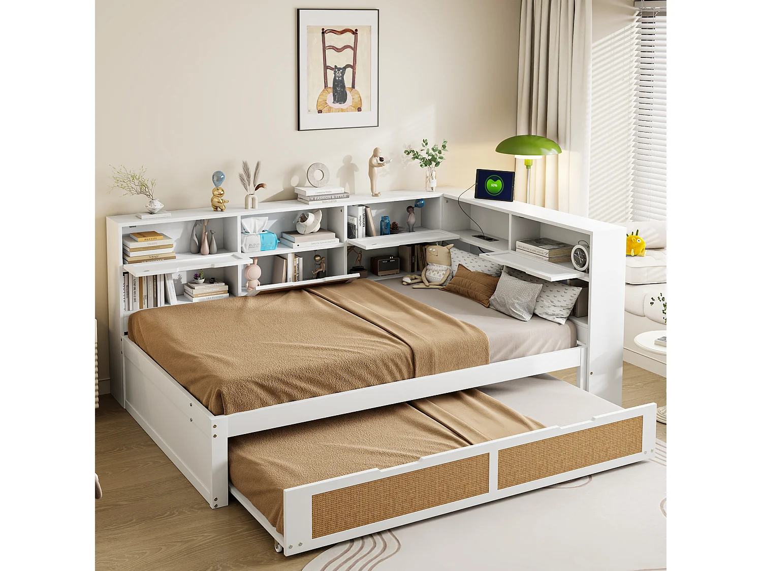 Canapé-lit en bois 140x200 avec lit gigogne, nombreux rangements, prise USB, lit double multifonction, blanc