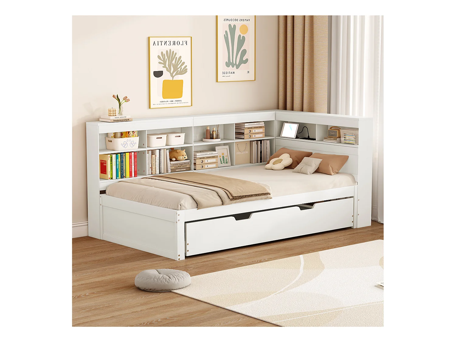 Canapé-lit 90x200, lit gigogne 90x190 avec port USB et étagères, lit multifonction en bois massif, blanc