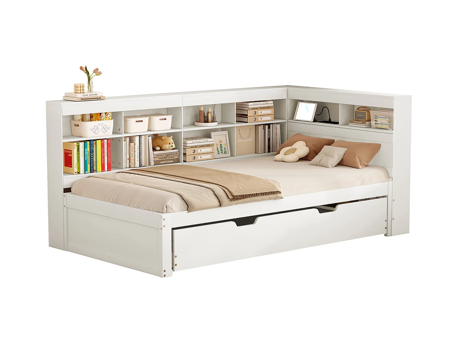 Canapé-lit 90x200, lit gigogne 90x190 avec port USB et étagères, lit multifonction en bois massif, blanc