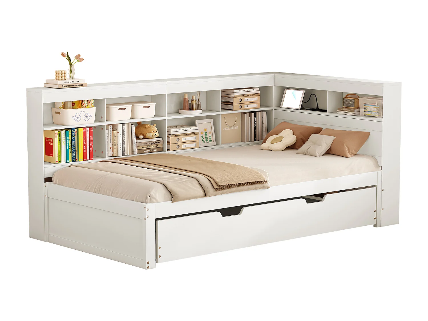 Canapé-lit 90x200, lit gigogne 90x190 avec port USB et étagères, lit multifonction en bois massif, blanc