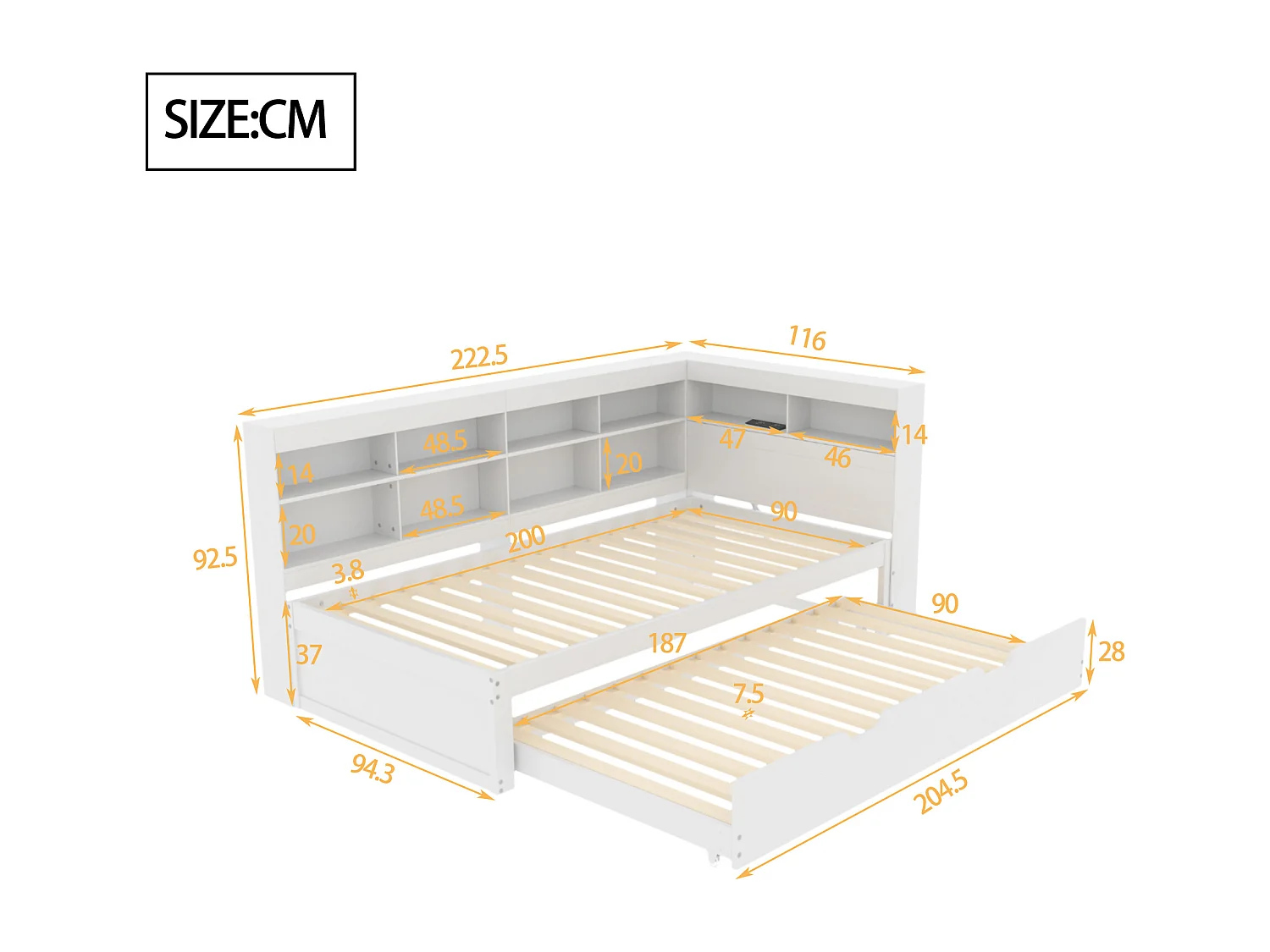 Canapé-lit 90x200, lit gigogne 90x190 avec port USB et étagères, lit multifonction en bois massif, blanc