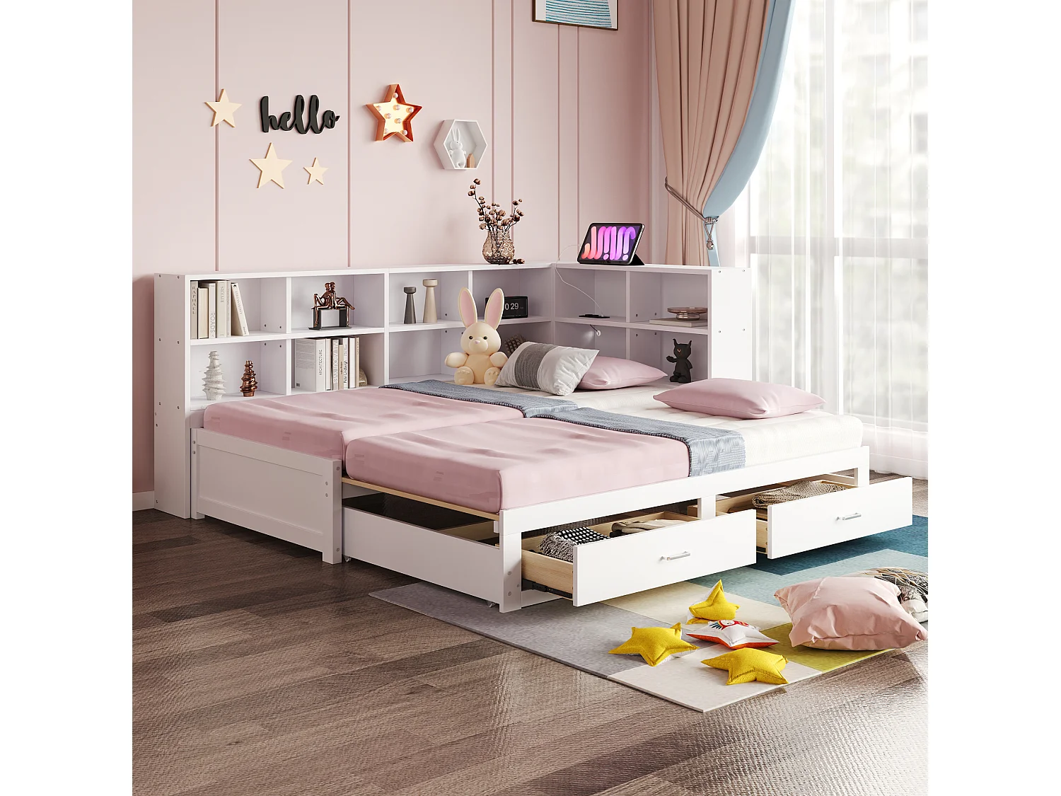 Canapé-lit en bois massif 90/180x190, lit gigogne avec rangement, prises USB, tiroirs et sommier, blanc