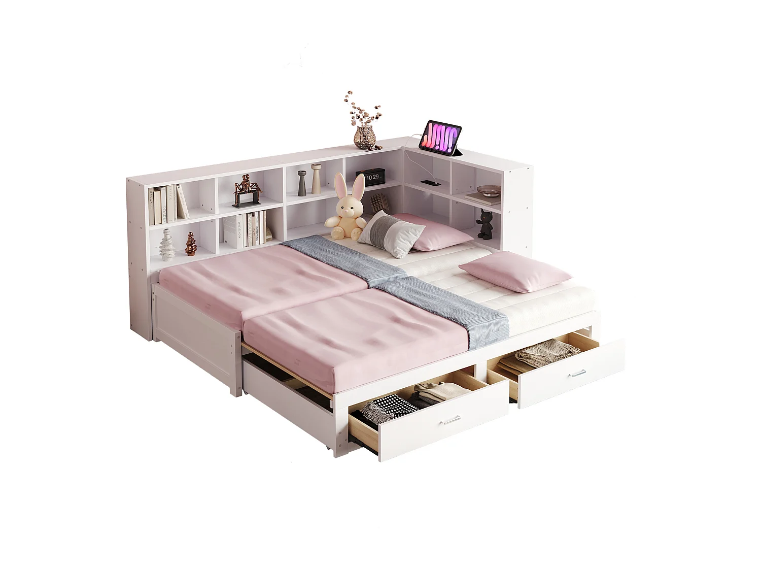 Canapé-lit en bois massif 90/180x190, lit gigogne avec rangement, prises USB, tiroirs et sommier, blanc