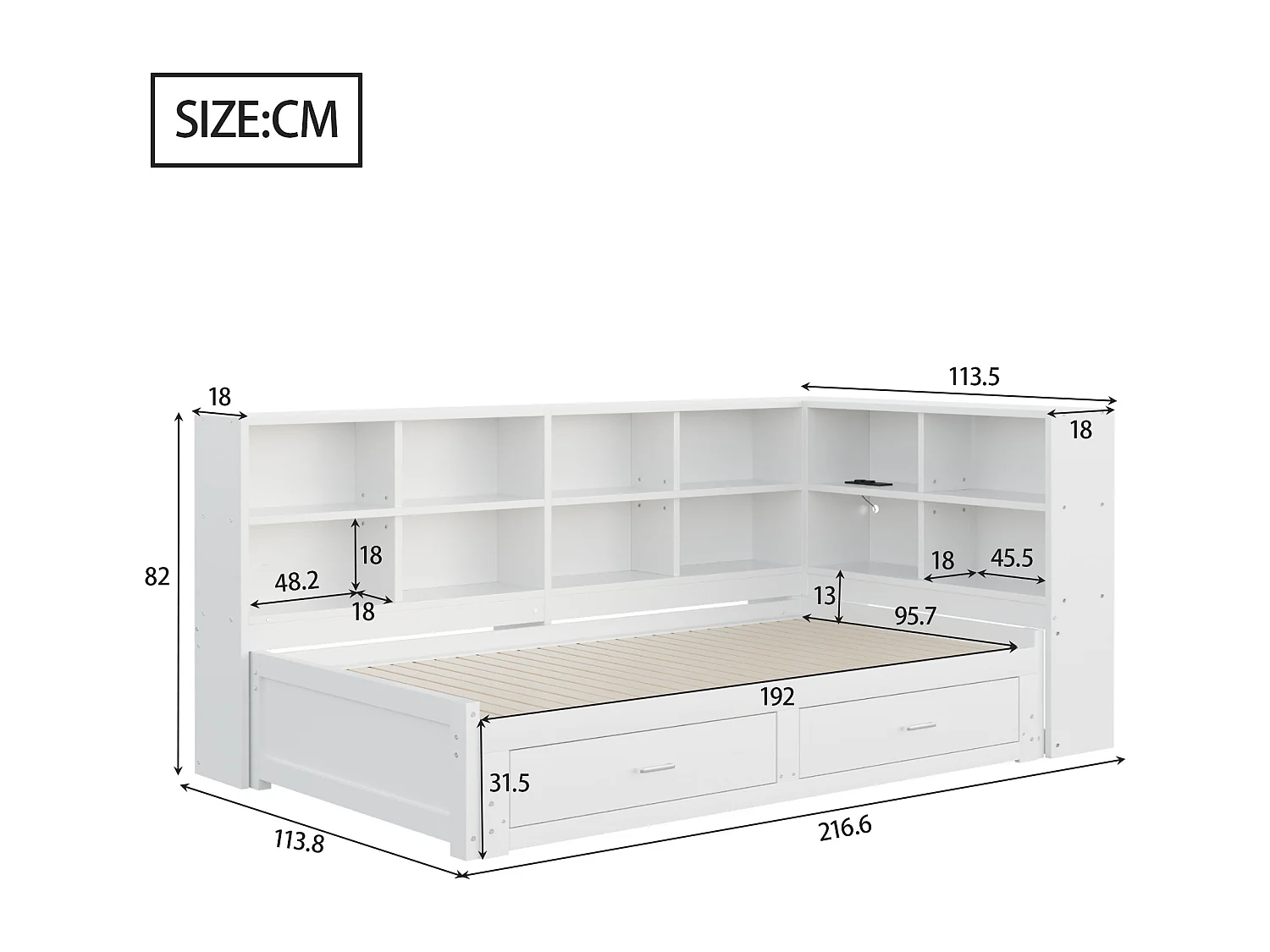 Canapé-lit en bois massif 90/180x190, lit gigogne avec rangement, prises USB, tiroirs et sommier, blanc