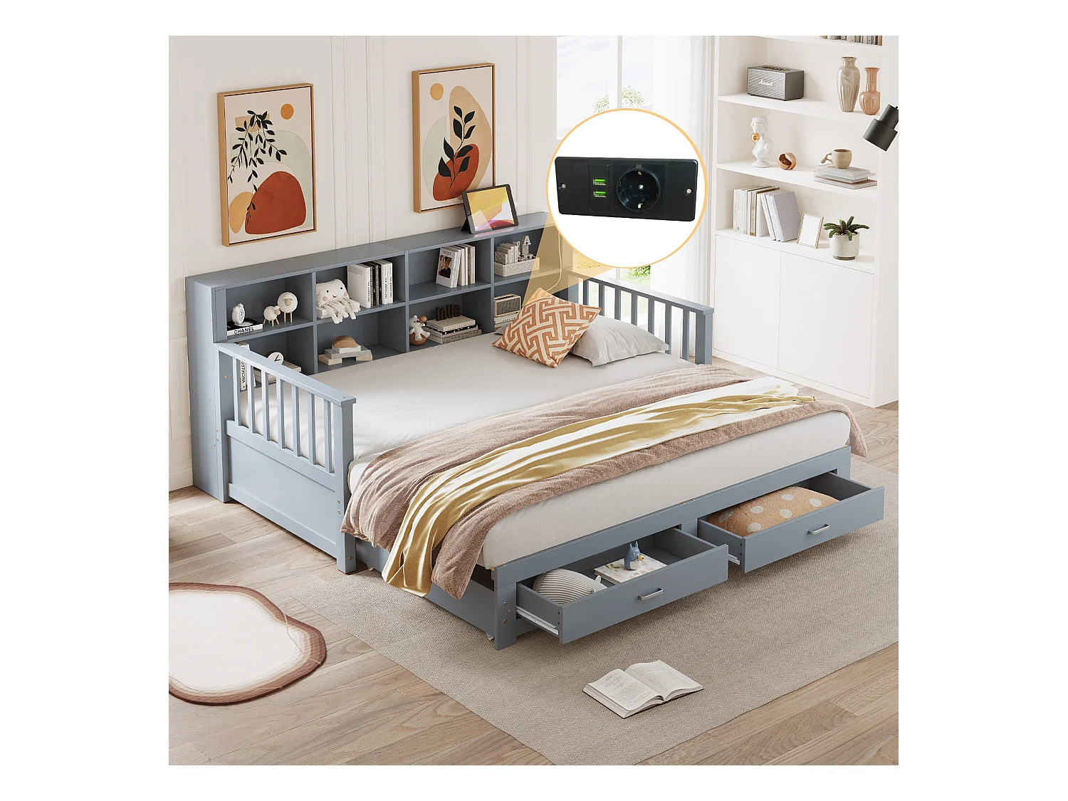 Canapé-lit extensible en bois massif 90/180x190, avec prise USB latérale, 2 tiroirs, sommier, lit multifonction, gris