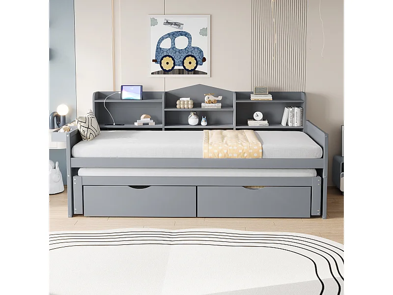 Canapé-lit 90x200, lit gigogne 90x190 avec deux tiroirs, grand espace de rangement et port USB, bois massif, gris