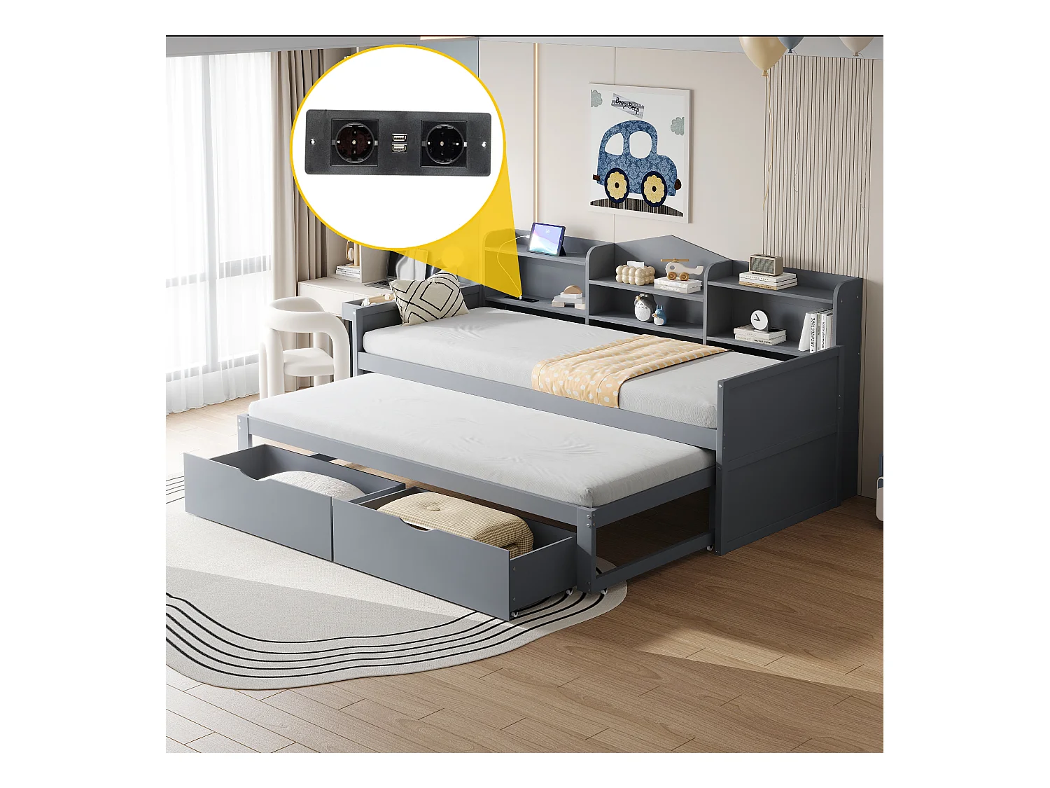 Canapé-lit 90x200, lit gigogne 90x190 avec deux tiroirs, grand espace de rangement et port USB, bois massif, gris