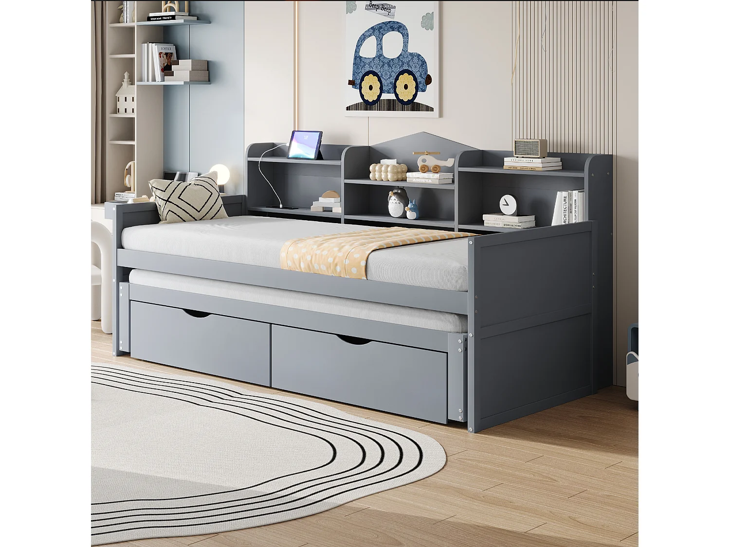 Canapé-lit 90x200, lit gigogne 90x190 avec deux tiroirs, grand espace de rangement et port USB, bois massif, gris