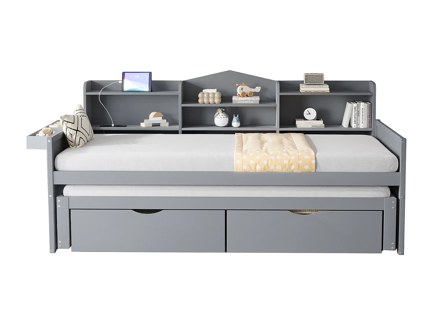 Canapé-lit 90x200, lit gigogne 90x190 avec deux tiroirs, grand espace de rangement et port USB, bois massif, gris