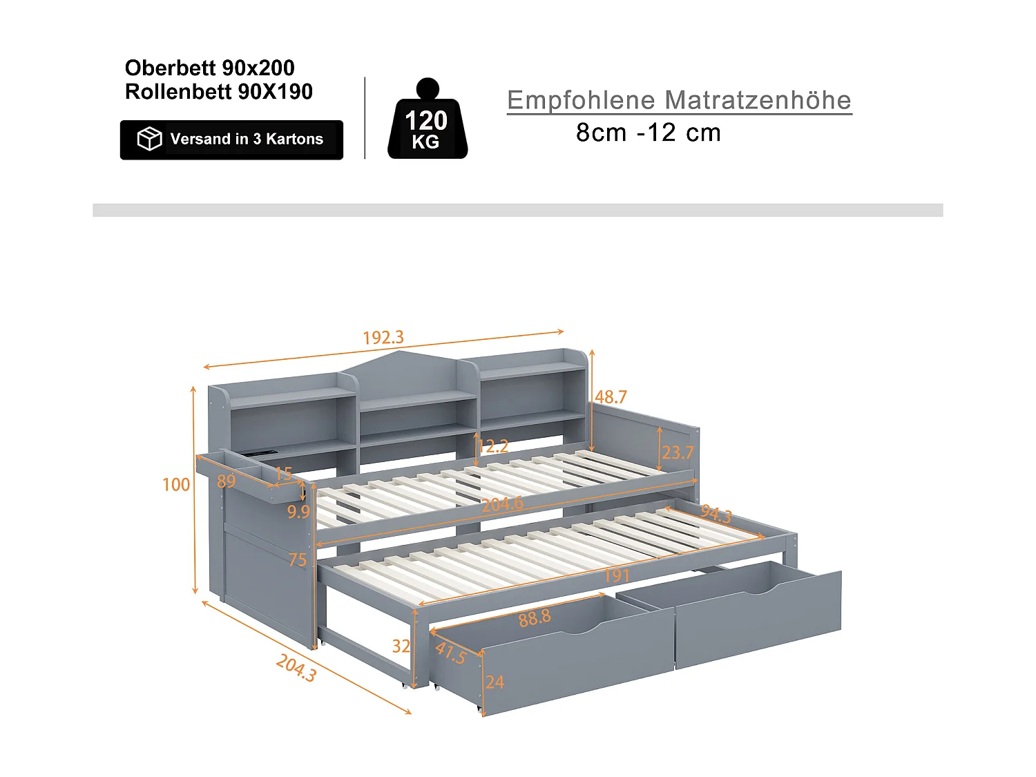 Canapé-lit 90x200, lit gigogne 90x190 avec deux tiroirs, grand espace de rangement et port USB, bois massif, gris