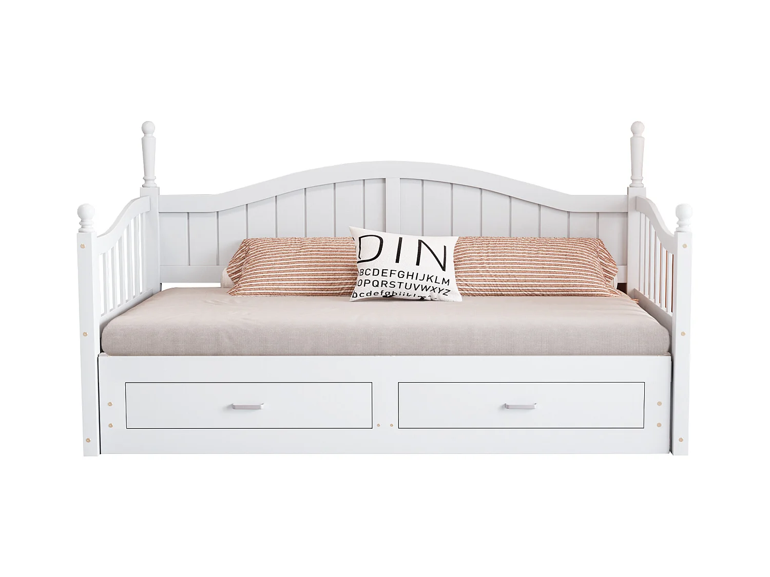 Canapé-lit extensible 90/180x190 en bois massif, colonnes romaines, dossier incurvé, tiroirs, sommier inclus, blanc