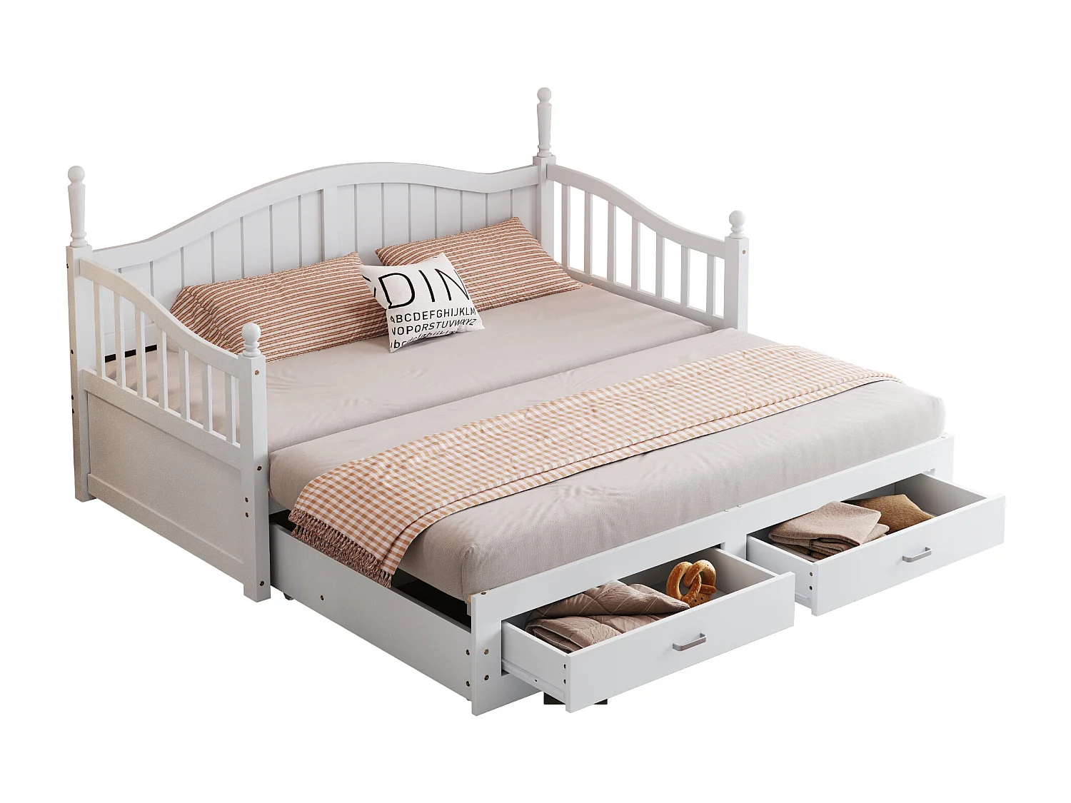 Canapé-lit extensible 90/180x190 en bois massif, colonnes romaines, dossier incurvé, tiroirs, sommier inclus, blanc