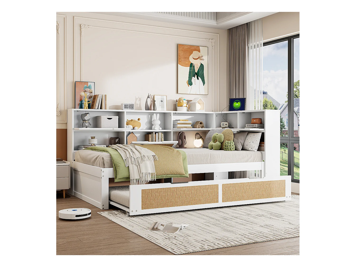 Canapé-lit en bois 90x200 avec lit gigogne, nombreux rangements, prise USB, lit simple multifonction, blanc