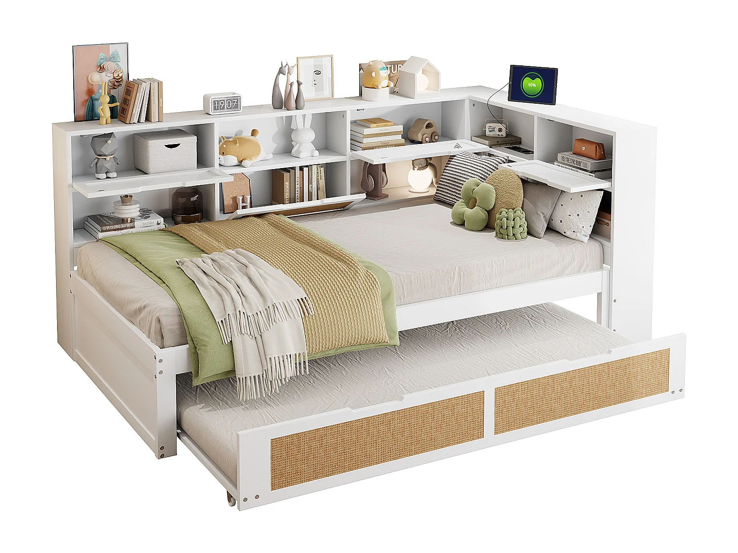 Canapé-lit en bois 90x200 avec lit gigogne, nombreux rangements, prise USB, lit simple multifonction, blanc