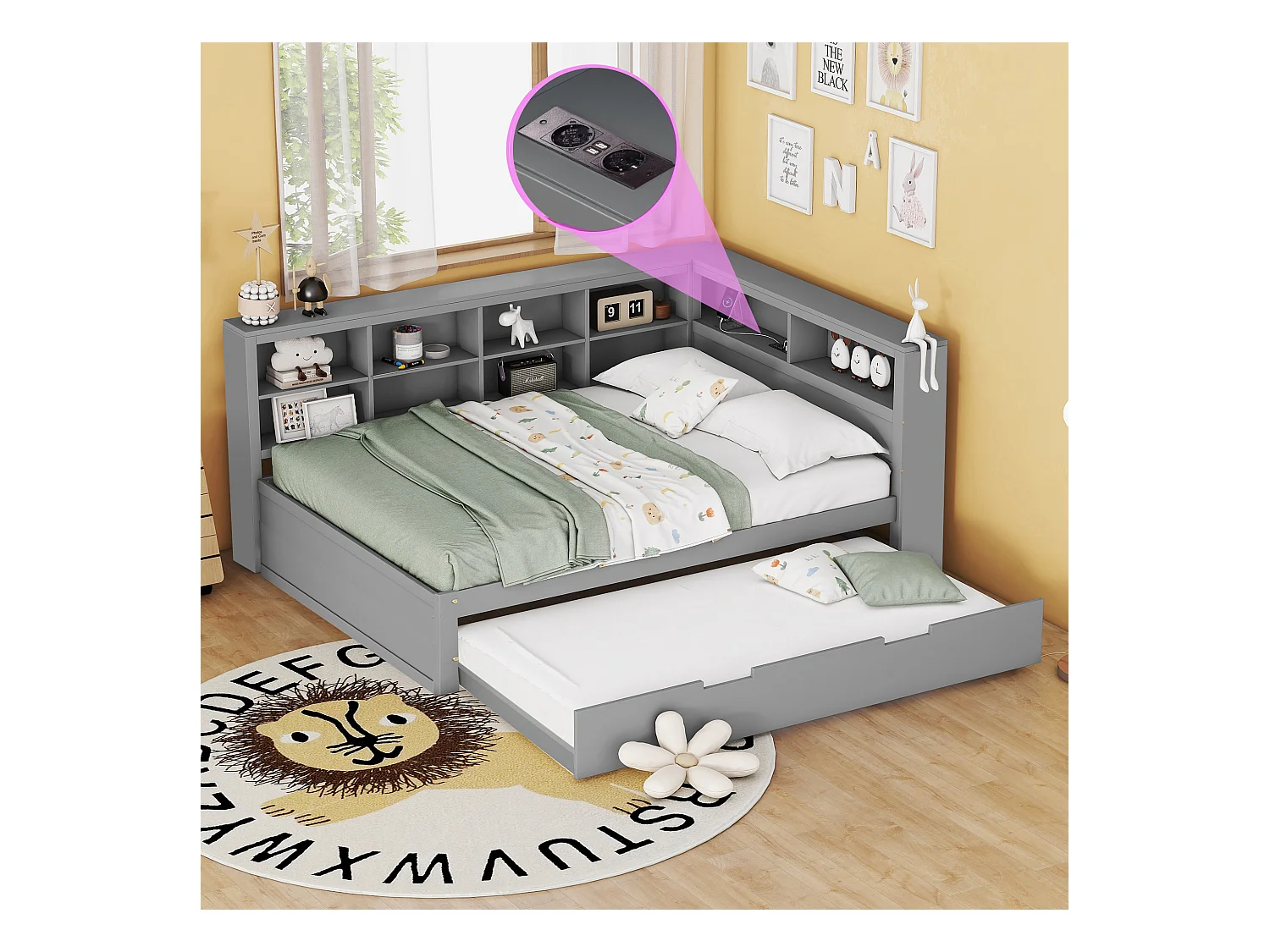 Canapé-lit 140x200, lit gigogne 90x190 avec port USB et étagères, lit double multifonction en bois massif, gris