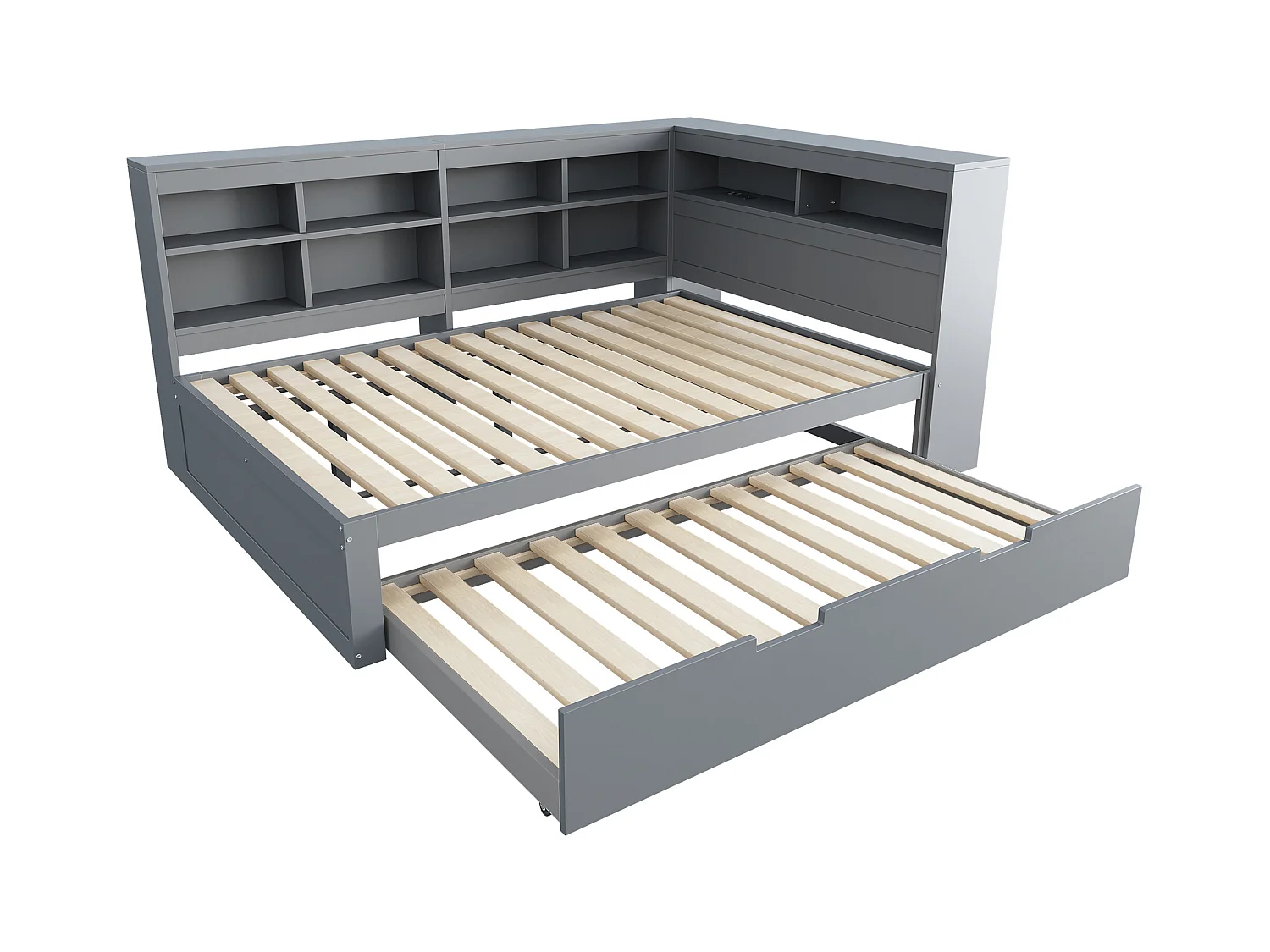 Canapé-lit 140x200, lit gigogne 90x190 avec port USB et étagères, lit double multifonction en bois massif, gris