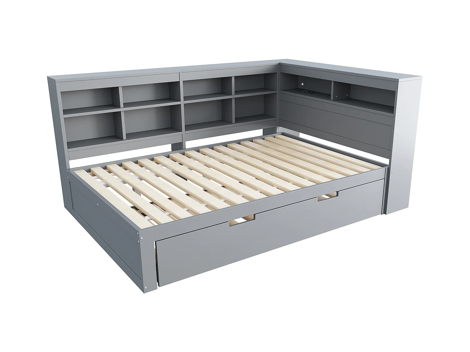 Canapé-lit 140x200, lit gigogne 90x190 avec port USB et étagères, lit double multifonction en bois massif, gris