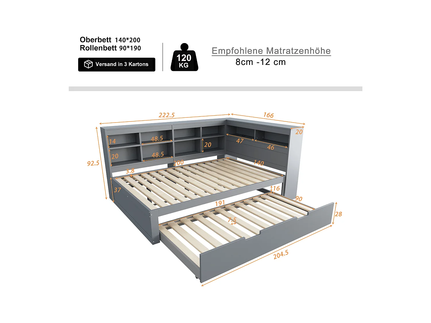 Canapé-lit 140x200, lit gigogne 90x190 avec port USB et étagères, lit double multifonction en bois massif, gris