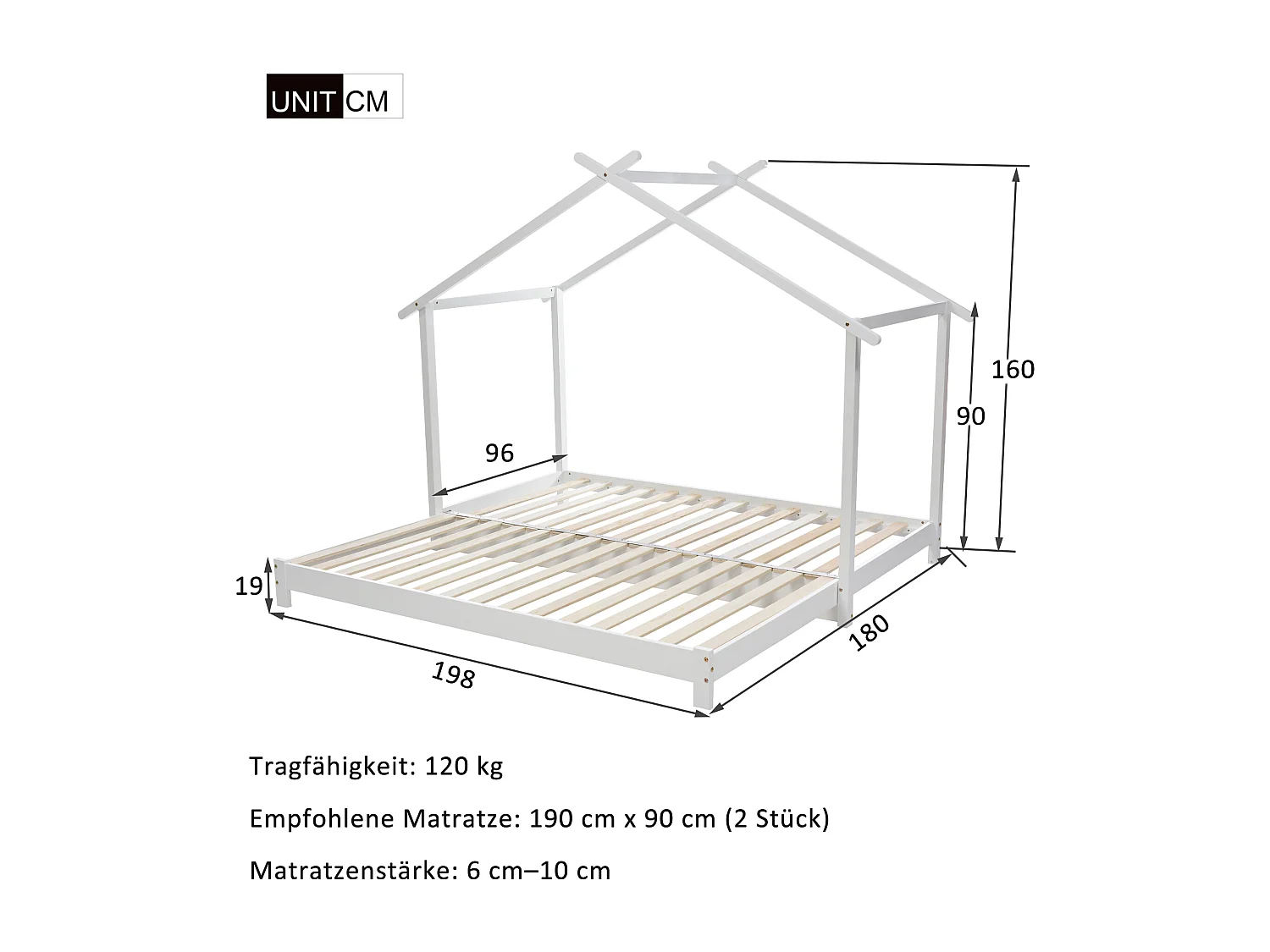 Lit cabane en bois 90/180x190, pour filles et garçons, transformable en lit au sol, avec sommier, blanc