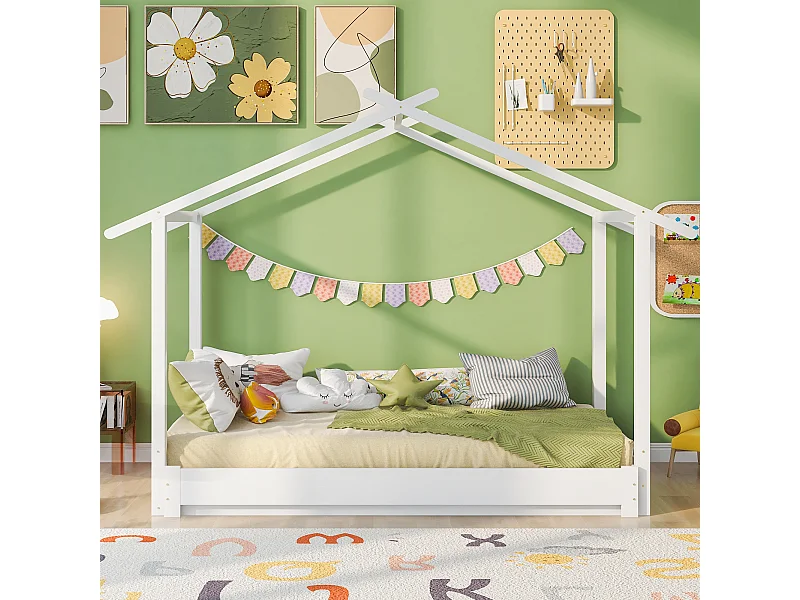 Lit cabane en bois 90/180x190, pour filles et garçons, transformable en lit au sol, avec sommier, blanc