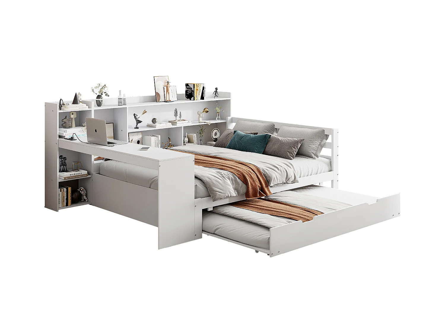 Canapé-lit en bois massif 140x200, avec bureau, étagères et lit gigogne, prises USB, lit double multifonction, blanc