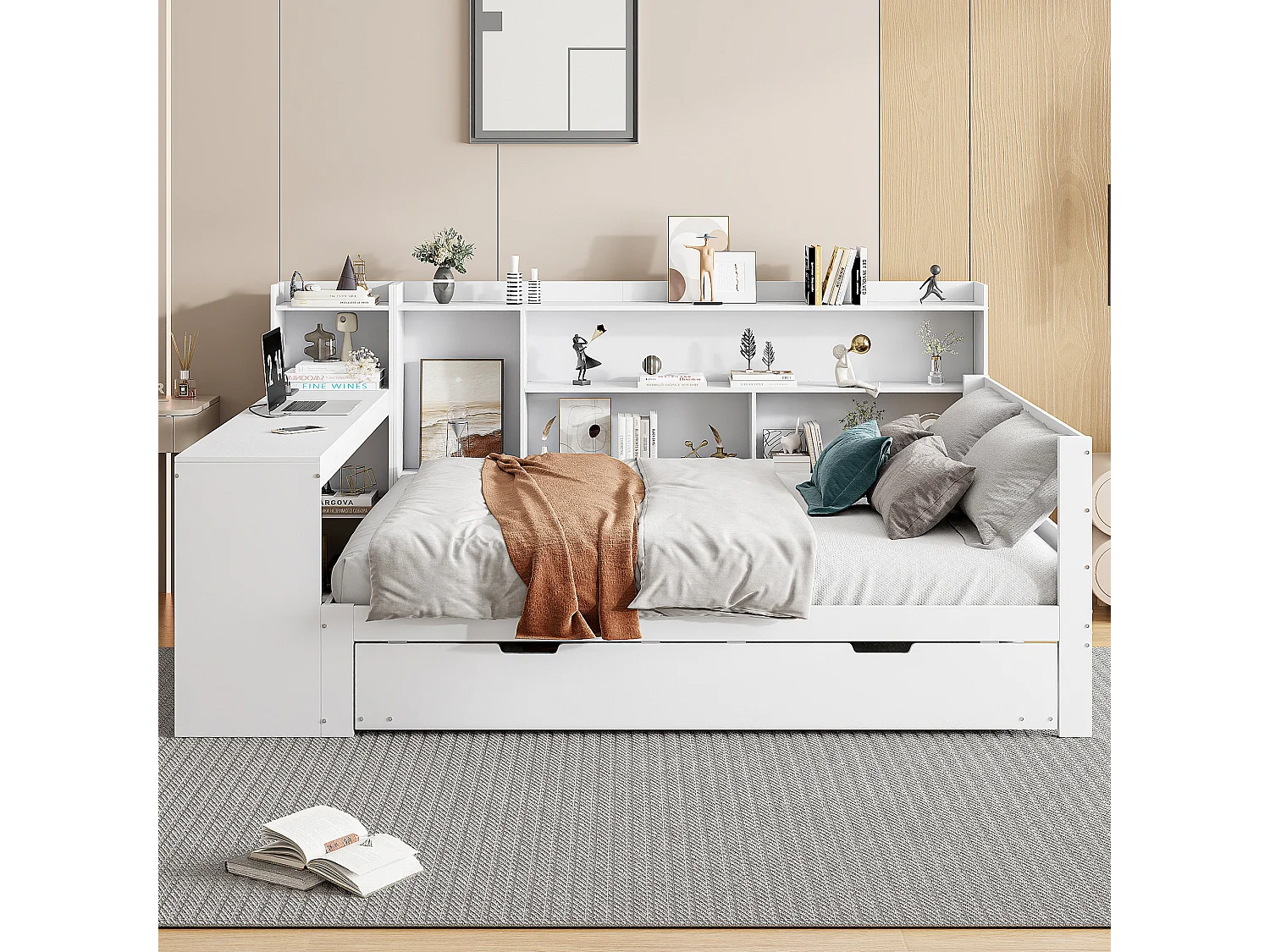 Canapé-lit en bois massif 140x200, avec bureau, étagères et lit gigogne, prises USB, lit double multifonction, blanc