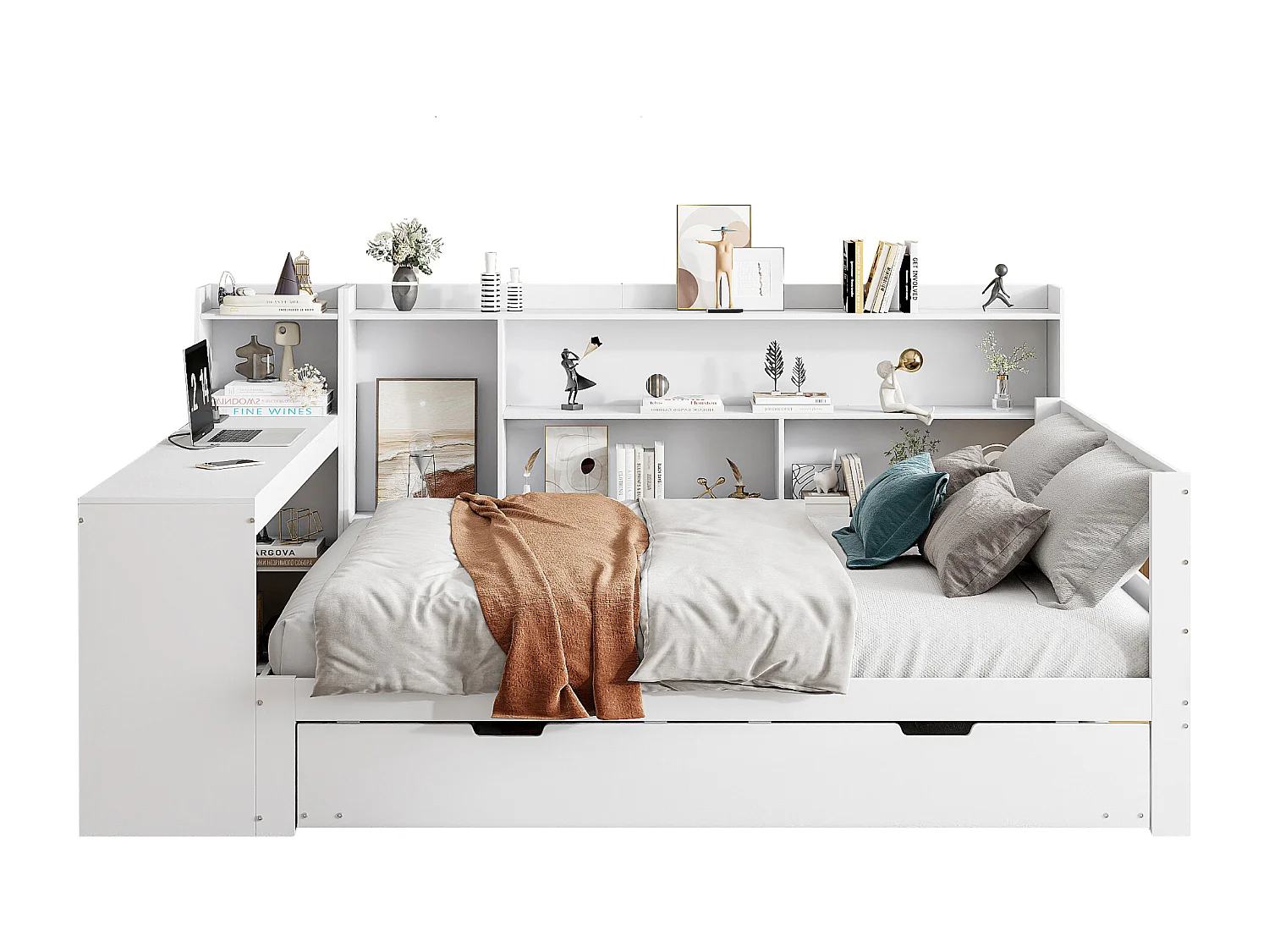 Canapé-lit en bois massif 140x200, avec bureau, étagères et lit gigogne, prises USB, lit double multifonction, blanc