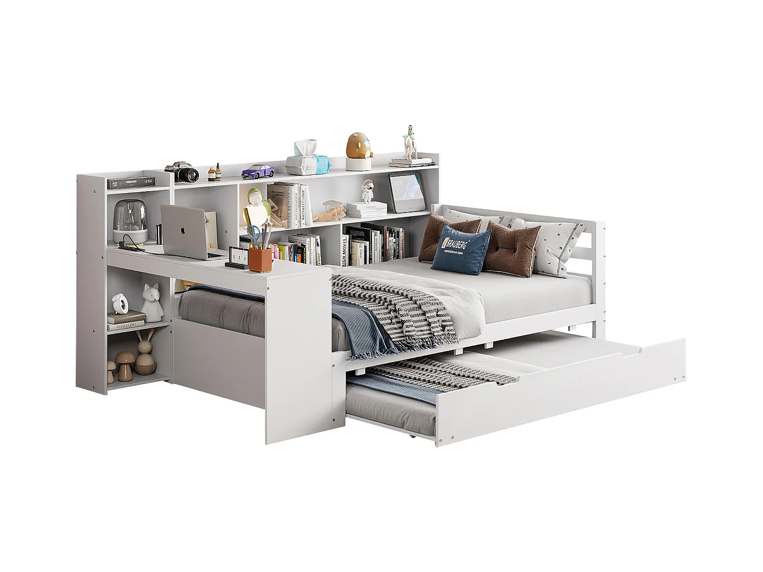 Canapé-lit en bois massif 90x200, avec bureau, étagères et lit gigogne, prise USB, lit multifonction, blanc