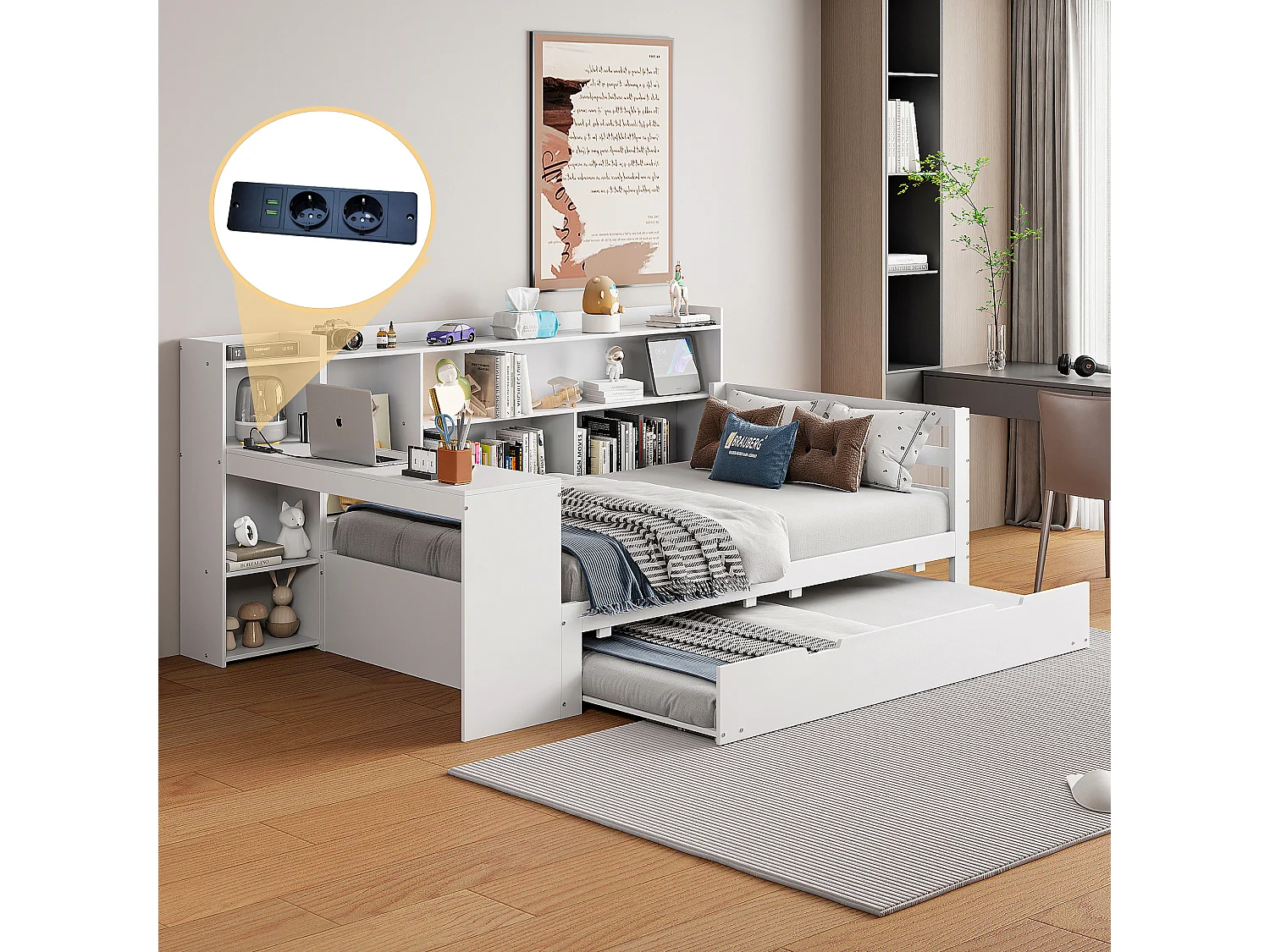 Canapé-lit en bois massif 90x200, avec bureau, étagères et lit gigogne, prise USB, lit multifonction, blanc