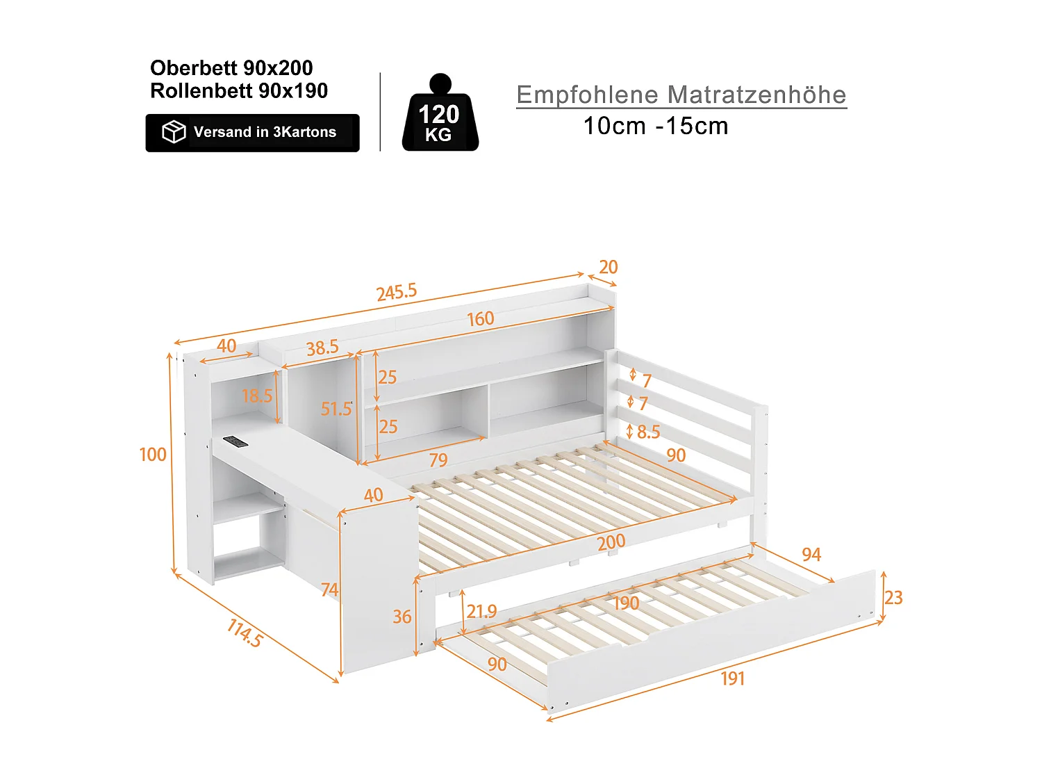 Canapé-lit en bois massif 90x200, avec bureau, étagères et lit gigogne, prise USB, lit multifonction, blanc
