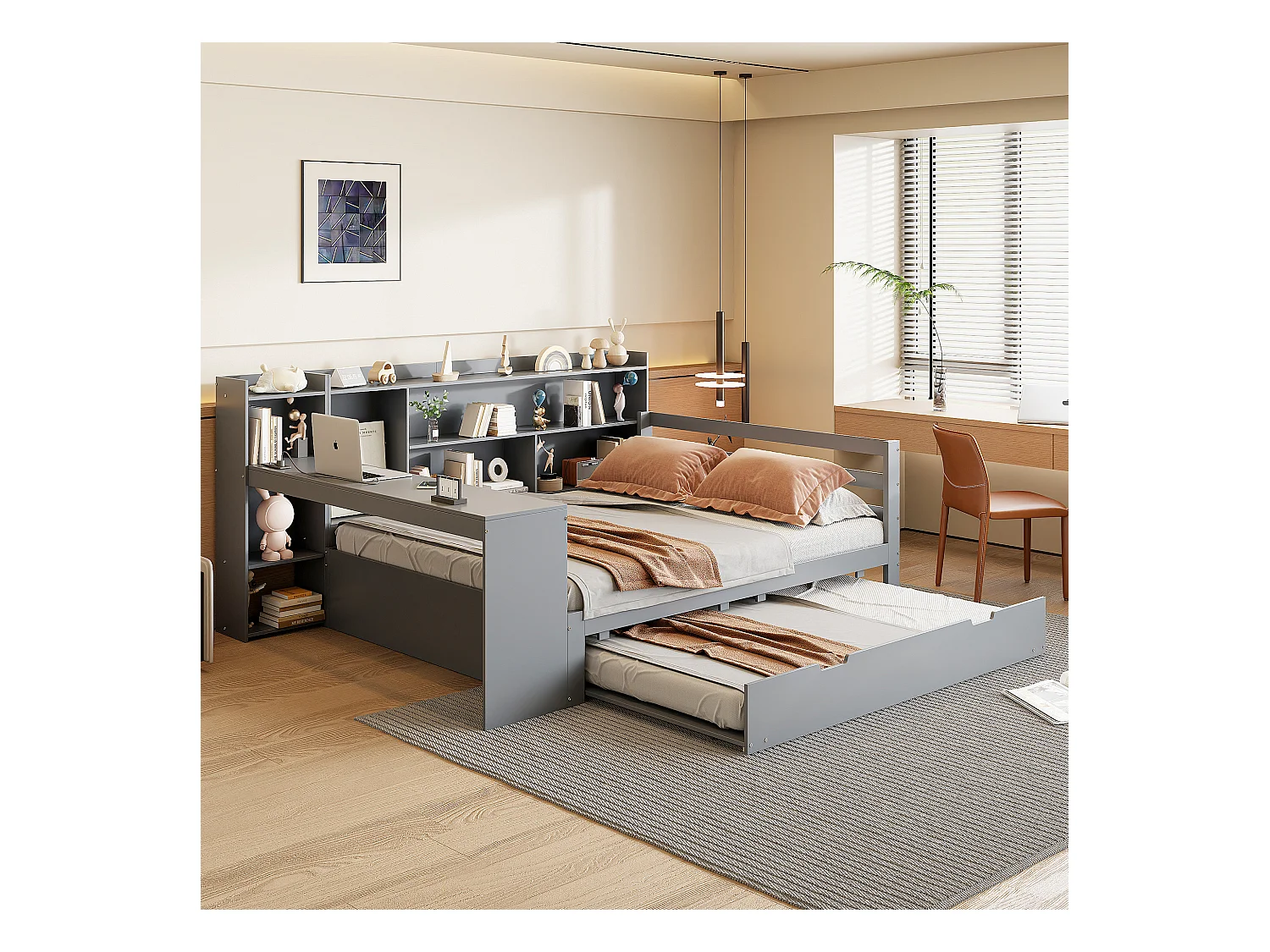 Canapé-lit en bois massif 140x200, avec bureau, étagères et lit gigogne, prises USB, lit double multifonction, gris