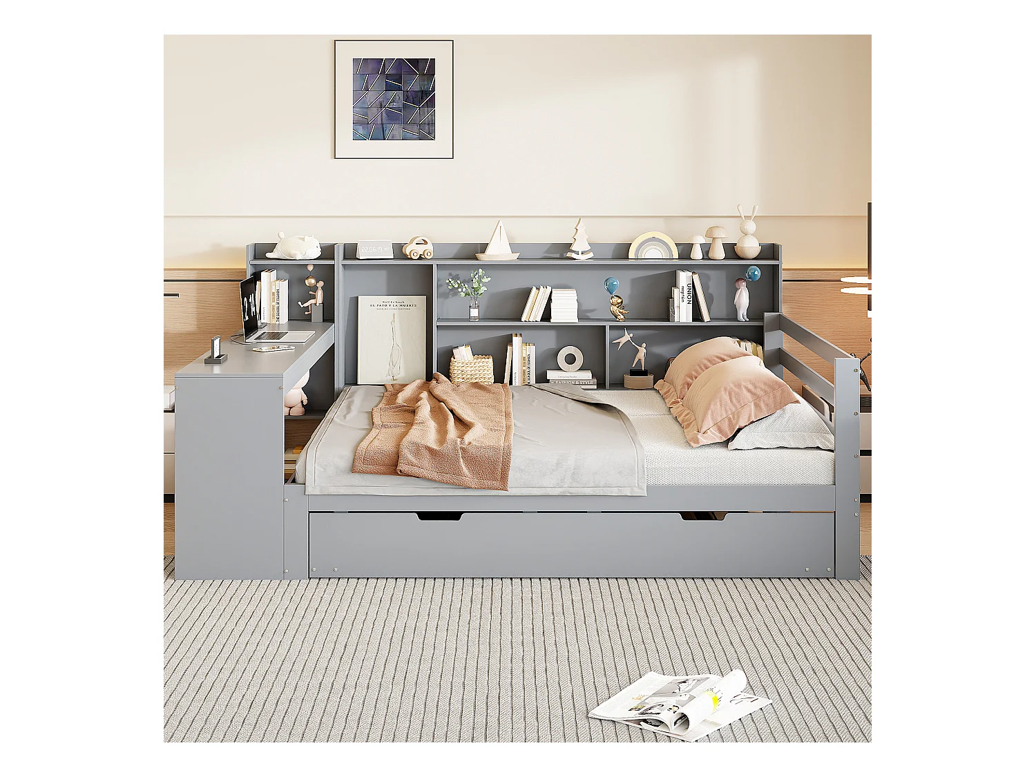 Canapé-lit en bois massif 140x200, avec bureau, étagères et lit gigogne, prises USB, lit double multifonction, gris