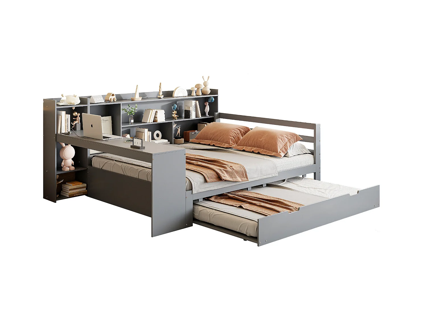 Canapé-lit en bois massif 140x200, avec bureau, étagères et lit gigogne, prises USB, lit double multifonction, gris