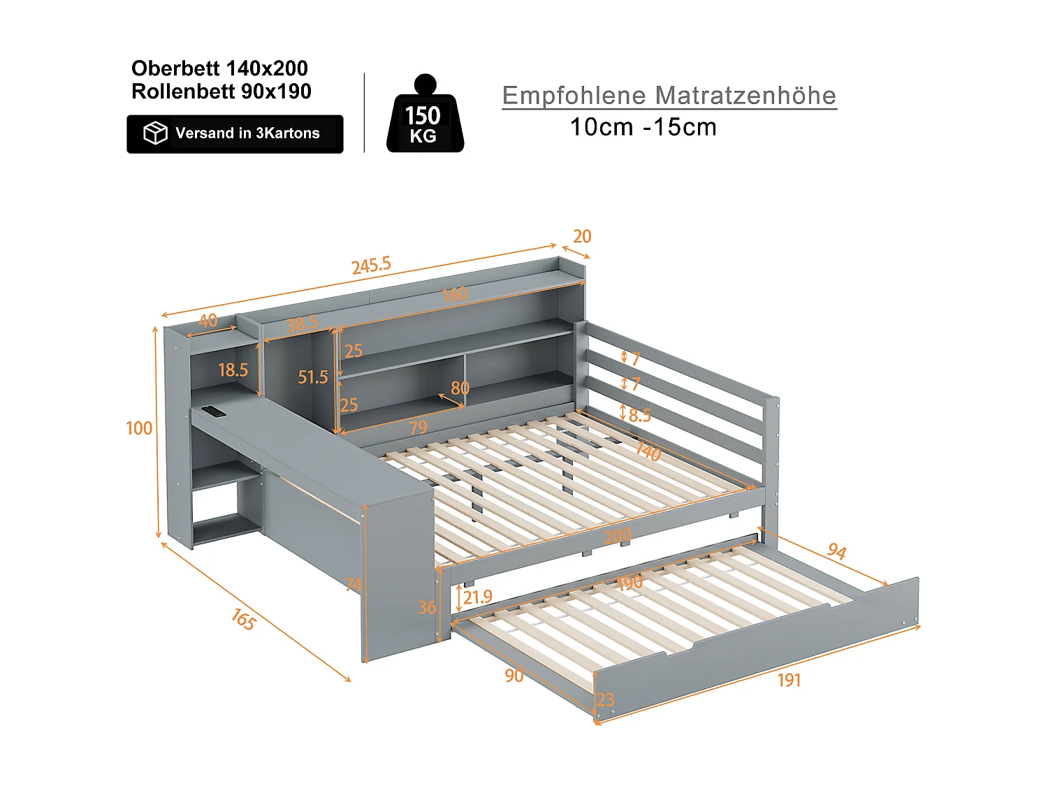 Canapé-lit en bois massif 140x200, avec bureau, étagères et lit gigogne, prises USB, lit double multifonction, gris