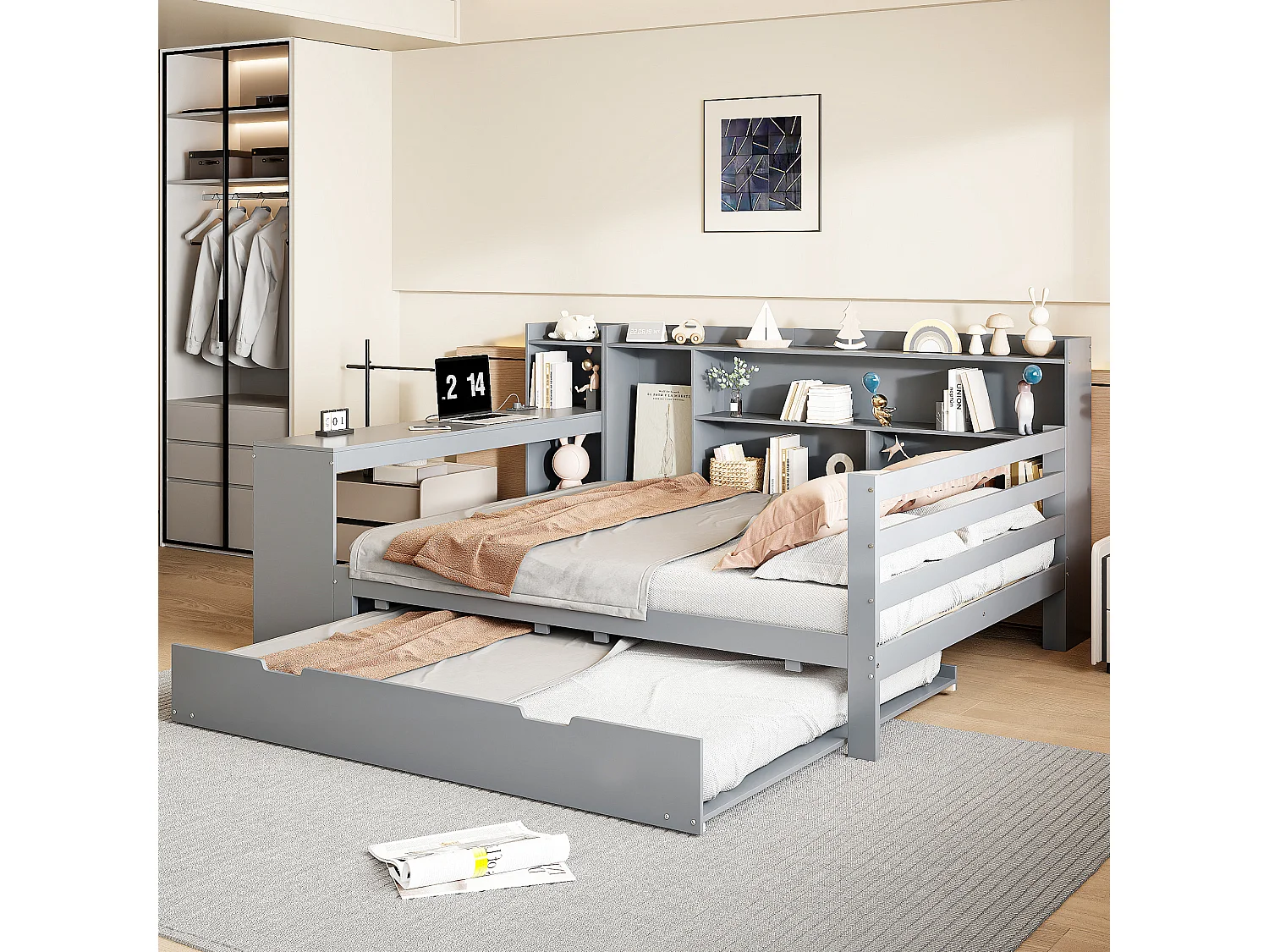 Canapé-lit en bois massif 140x200, avec bureau, étagères et lit gigogne, prises USB, lit double multifonction, gris