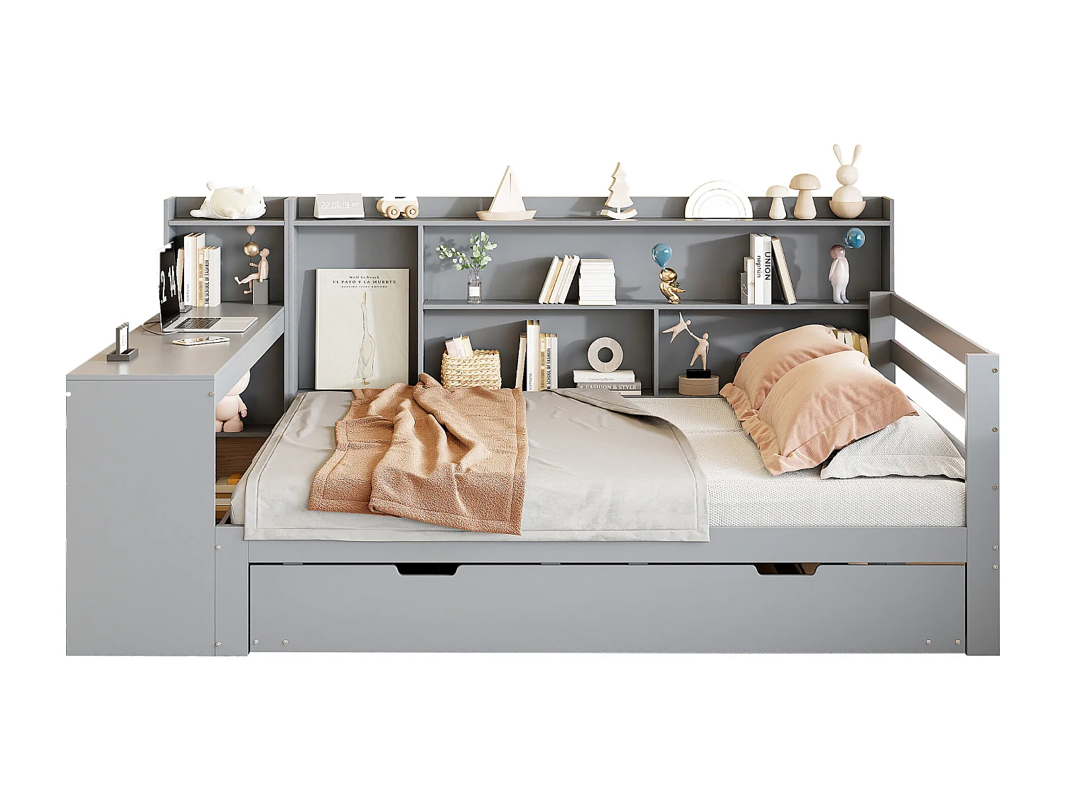 Canapé-lit en bois massif 140x200, avec bureau, étagères et lit gigogne, prises USB, lit double multifonction, gris
