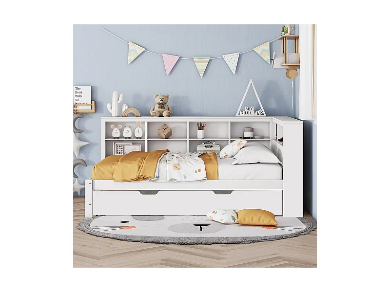 Canapé-lit 140x200, lit gigogne 90x190 avec port USB et étagères, lit double multifonction en bois massif, blanc