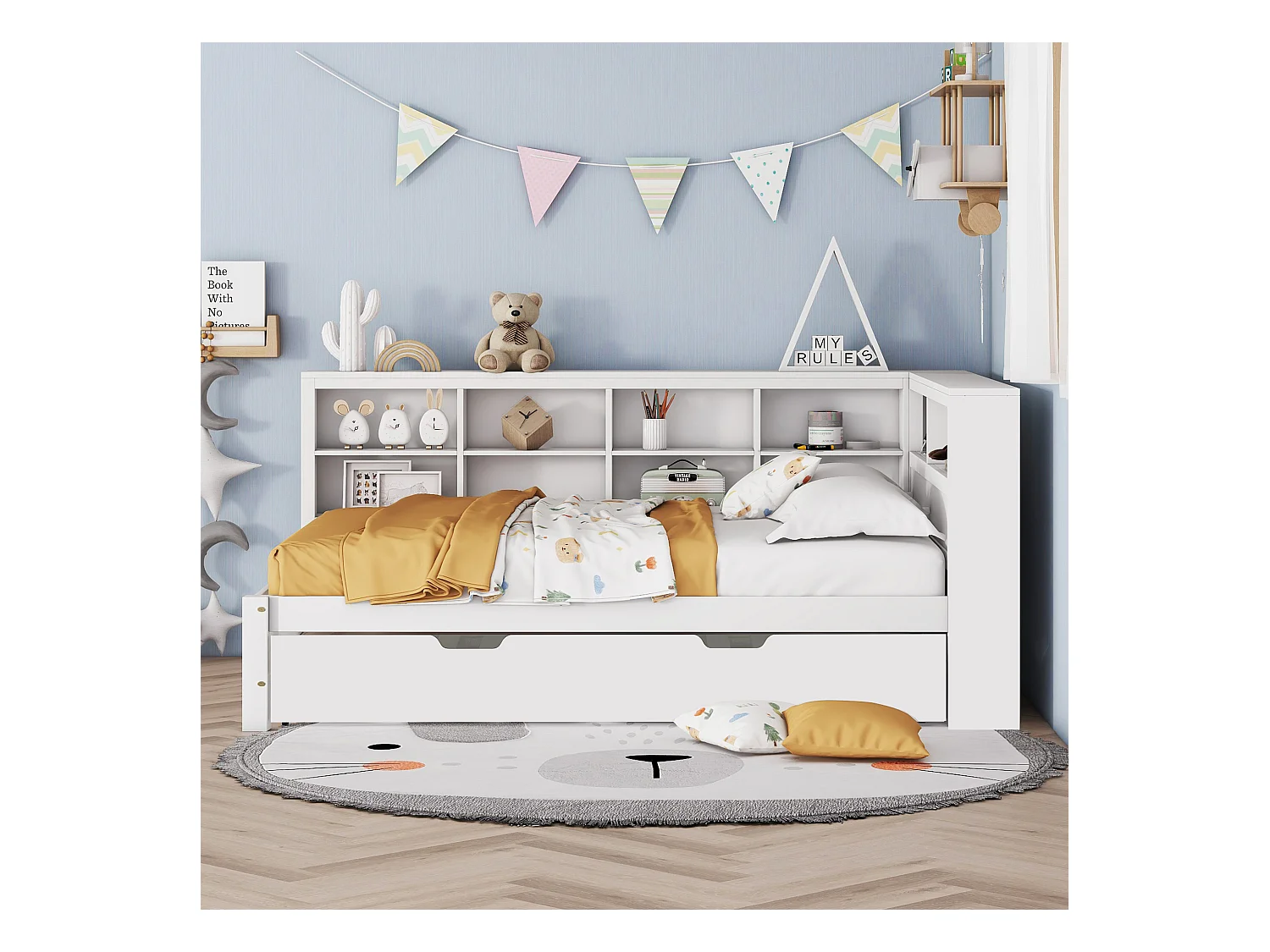 Canapé-lit 140x200, lit gigogne 90x190 avec port USB et étagères, lit double multifonction en bois massif, blanc